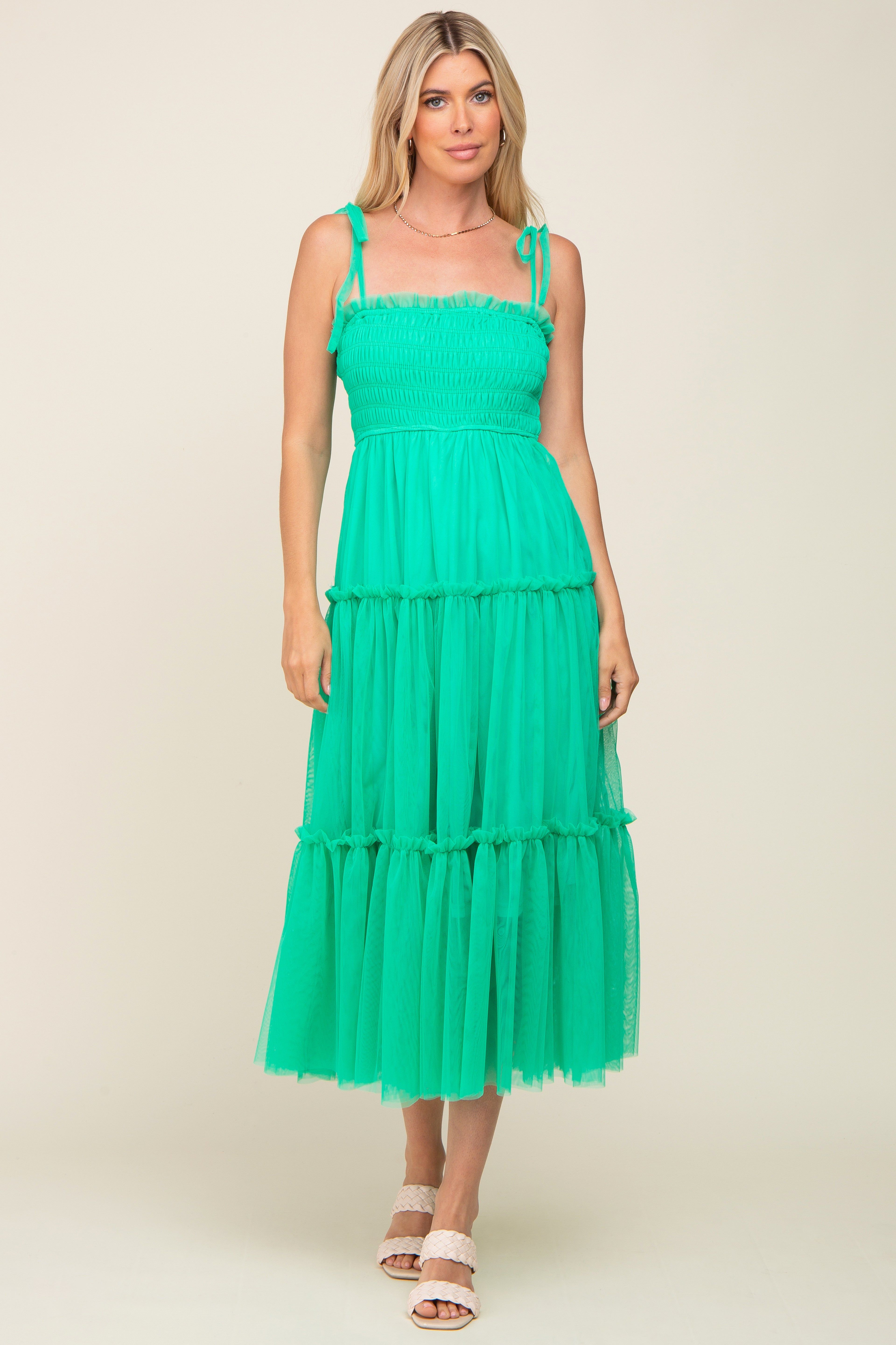 Mint Green Smocked Mesh Midi Dress sold by Pinkblush