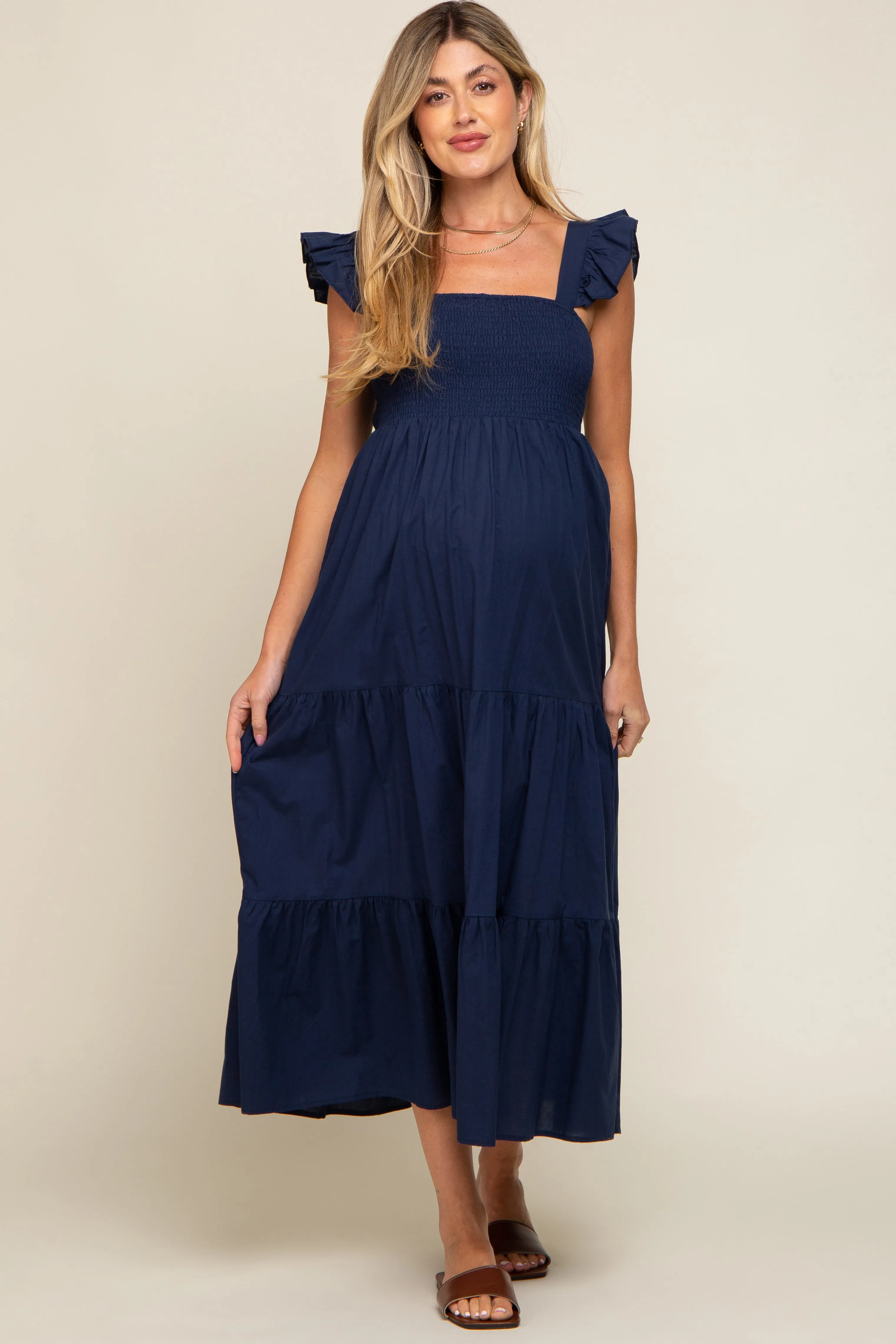 Navy Blue Sleeveless Tiered Maternity Maxi Dress sold by Pinkblush