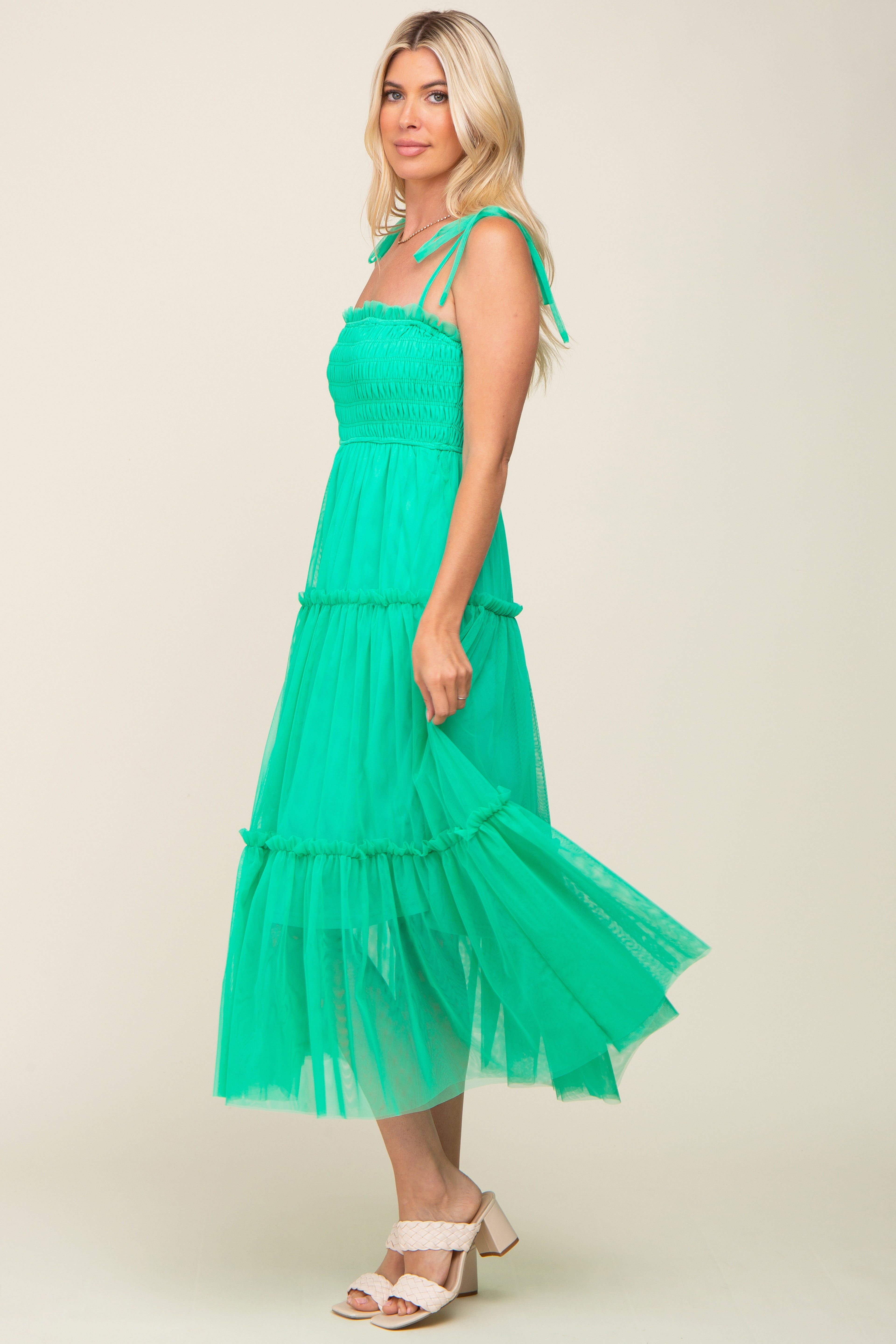 Mint Green Smocked Mesh Midi Dress sold by Pinkblush product image thumbnail 2