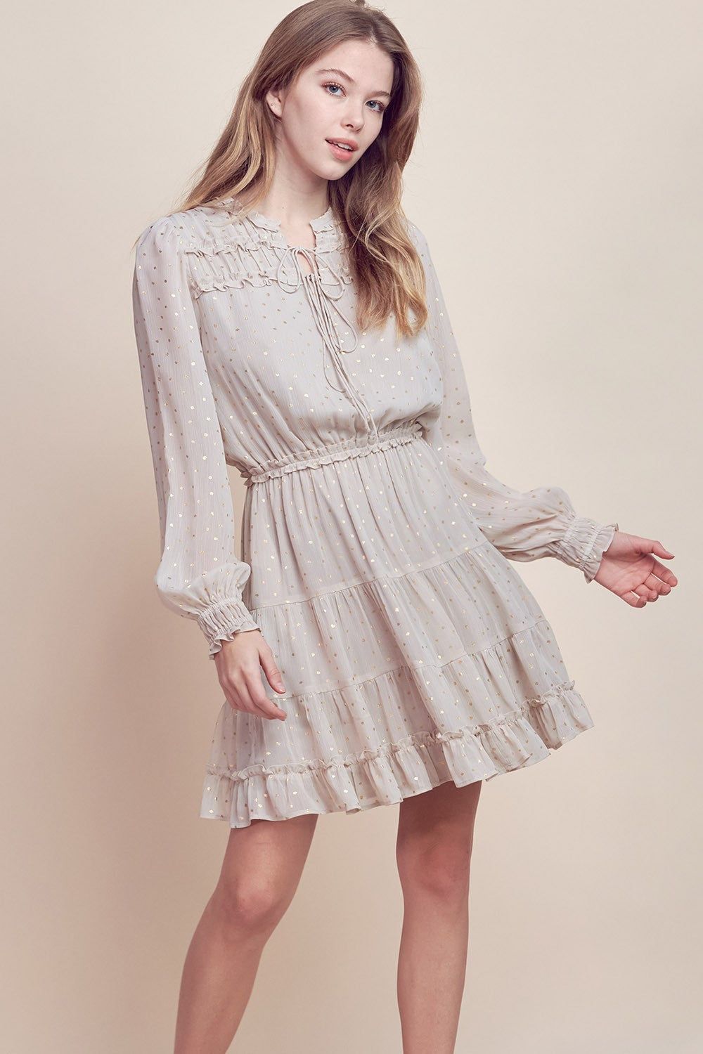 Cream Ruffle Detailed Tiered Mini Dress sold by Pinkblush