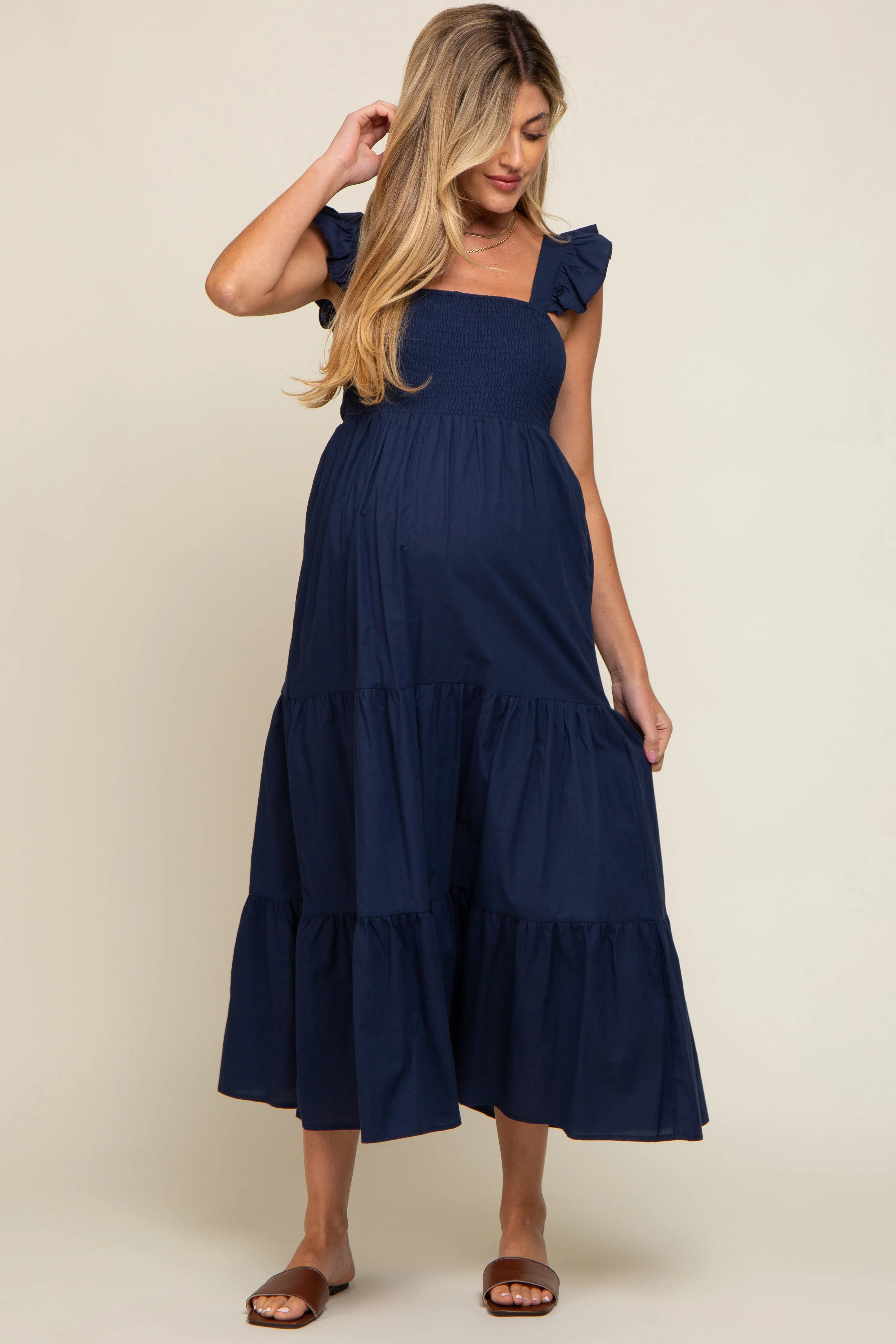 Navy Blue Sleeveless Tiered Maternity Maxi Dress sold by Pinkblush product image thumbnail 5
