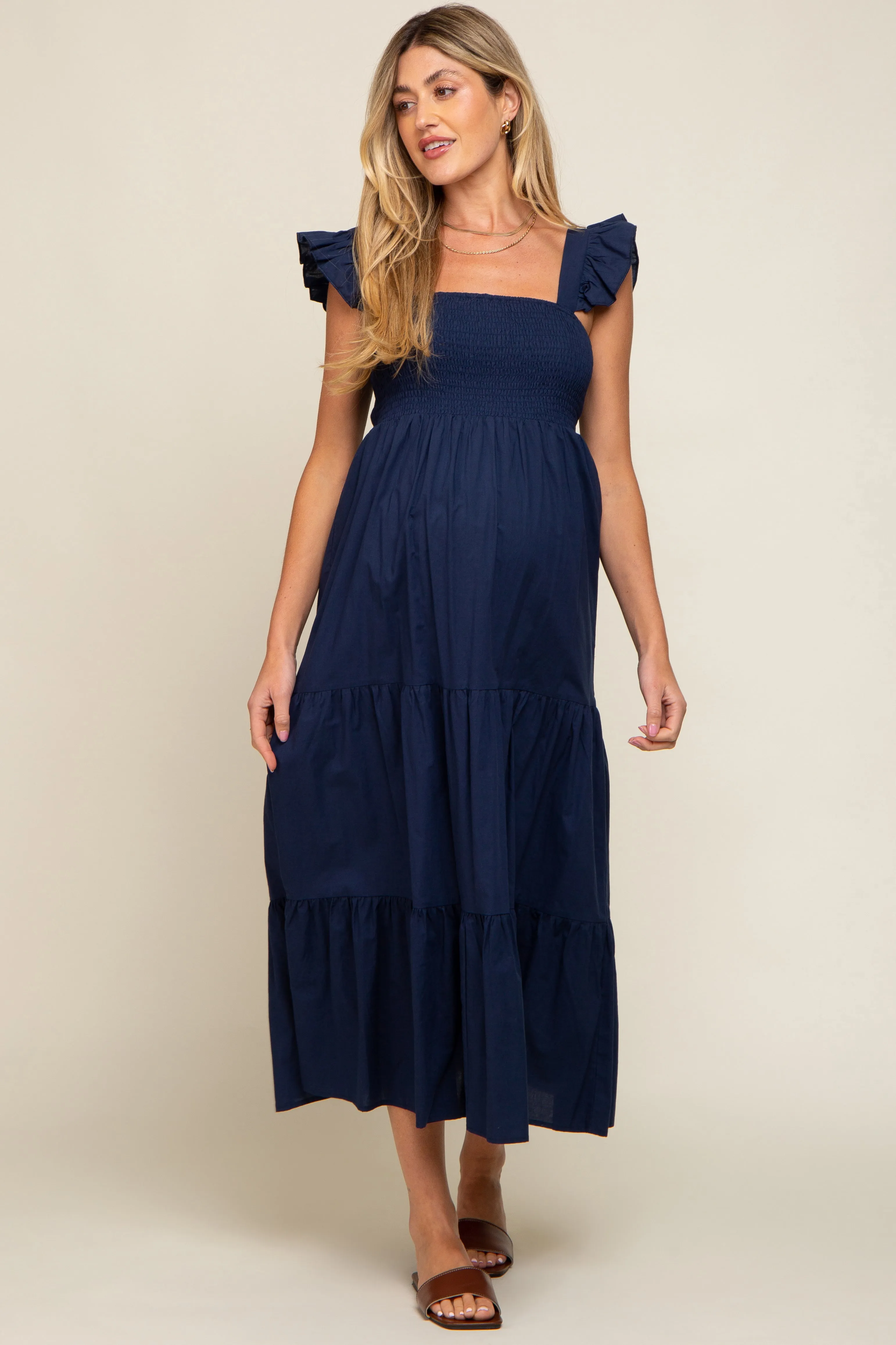 Navy Blue Sleeveless Tiered Maternity Maxi Dress sold by Pinkblush product image thumbnail 2