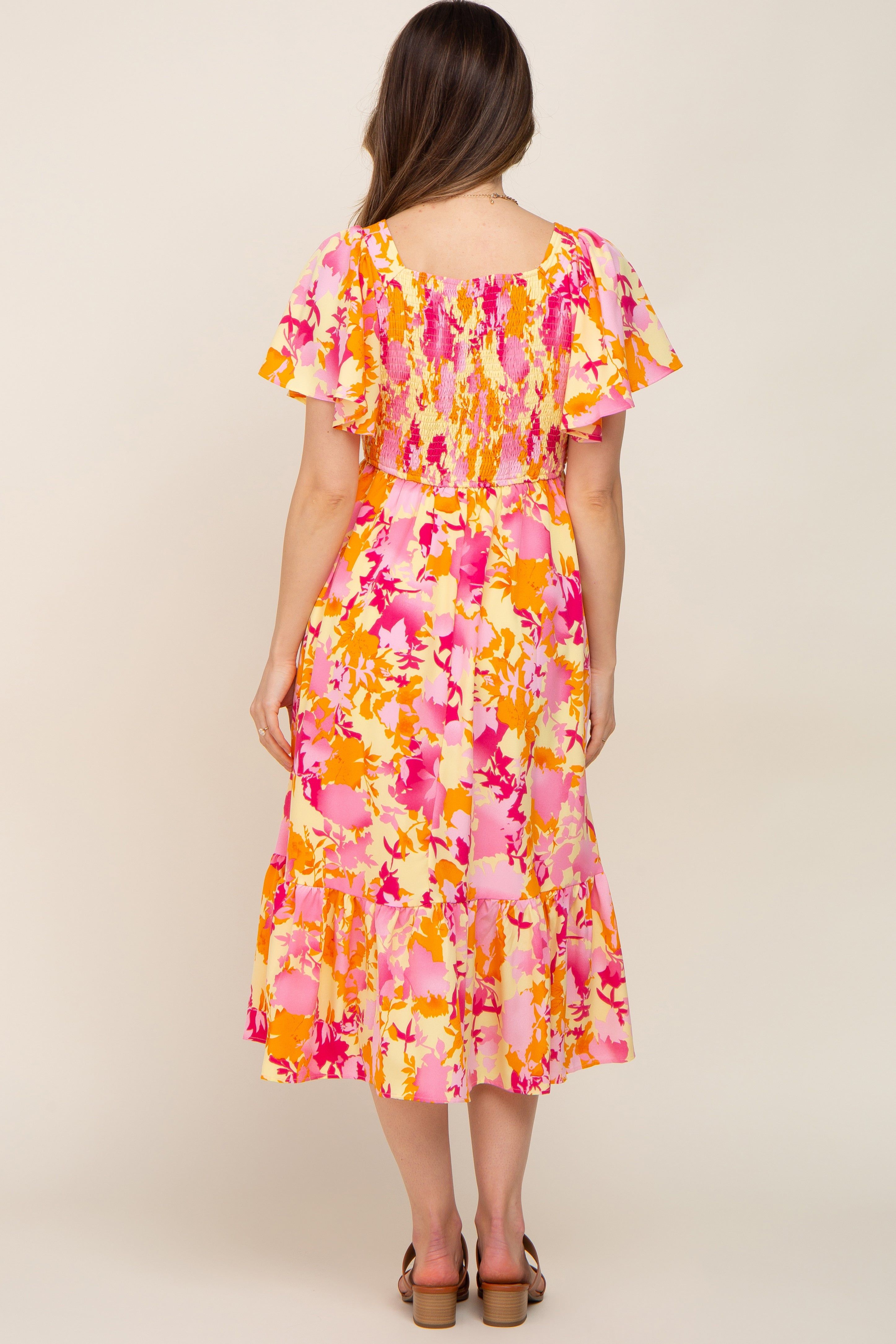 Yellow Print Smocked V-Neck Maternity Midi Dress sold by Pinkblush product image thumbnail 3