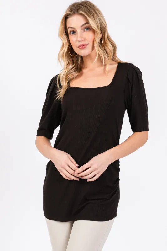 Black Ribbed Ruched Square Neck Puff Sleeve Top sold by Pinkblush