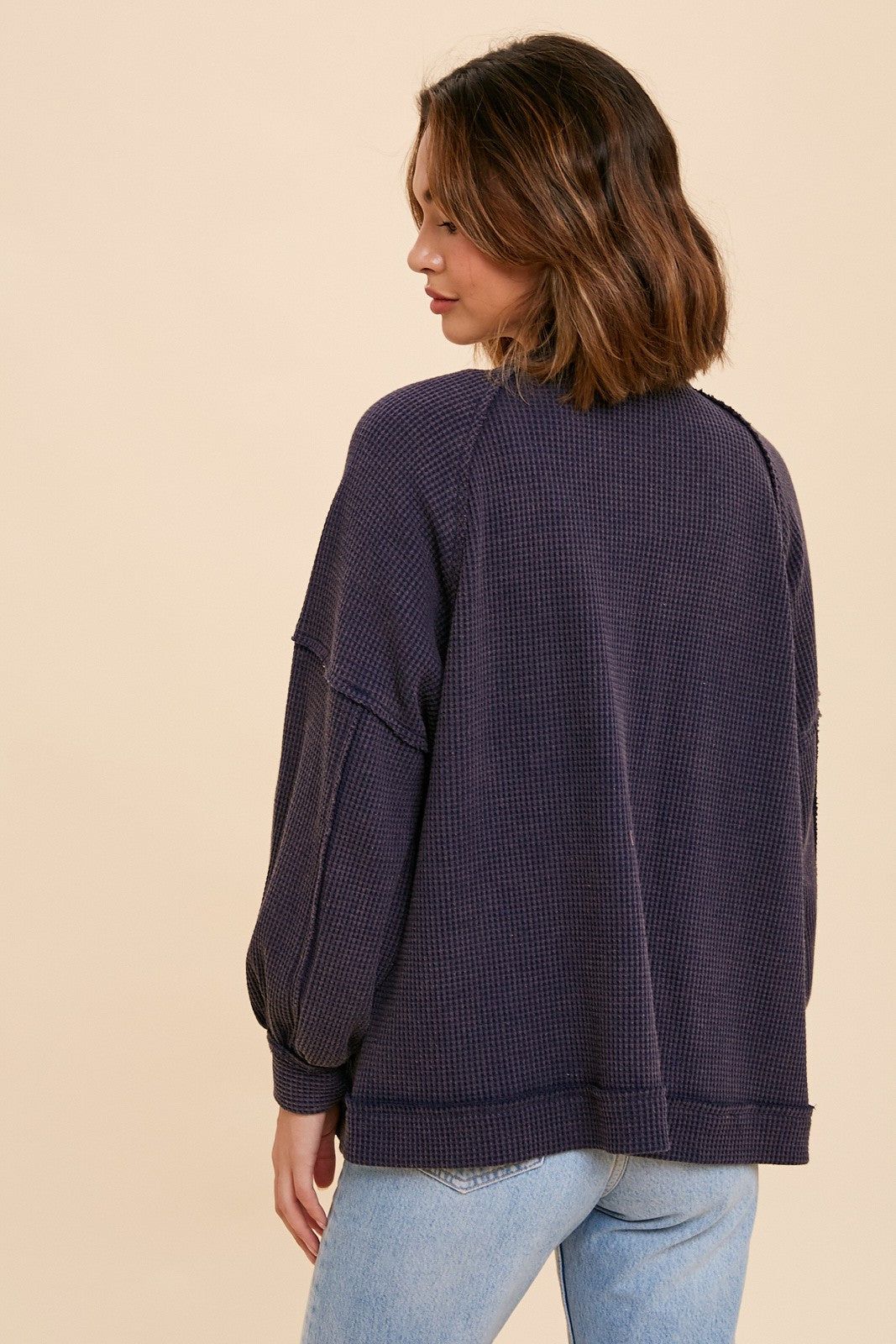 Navy Waffle Knit Button Long Sleeve Top sold by Pinkblush product image thumbnail 3