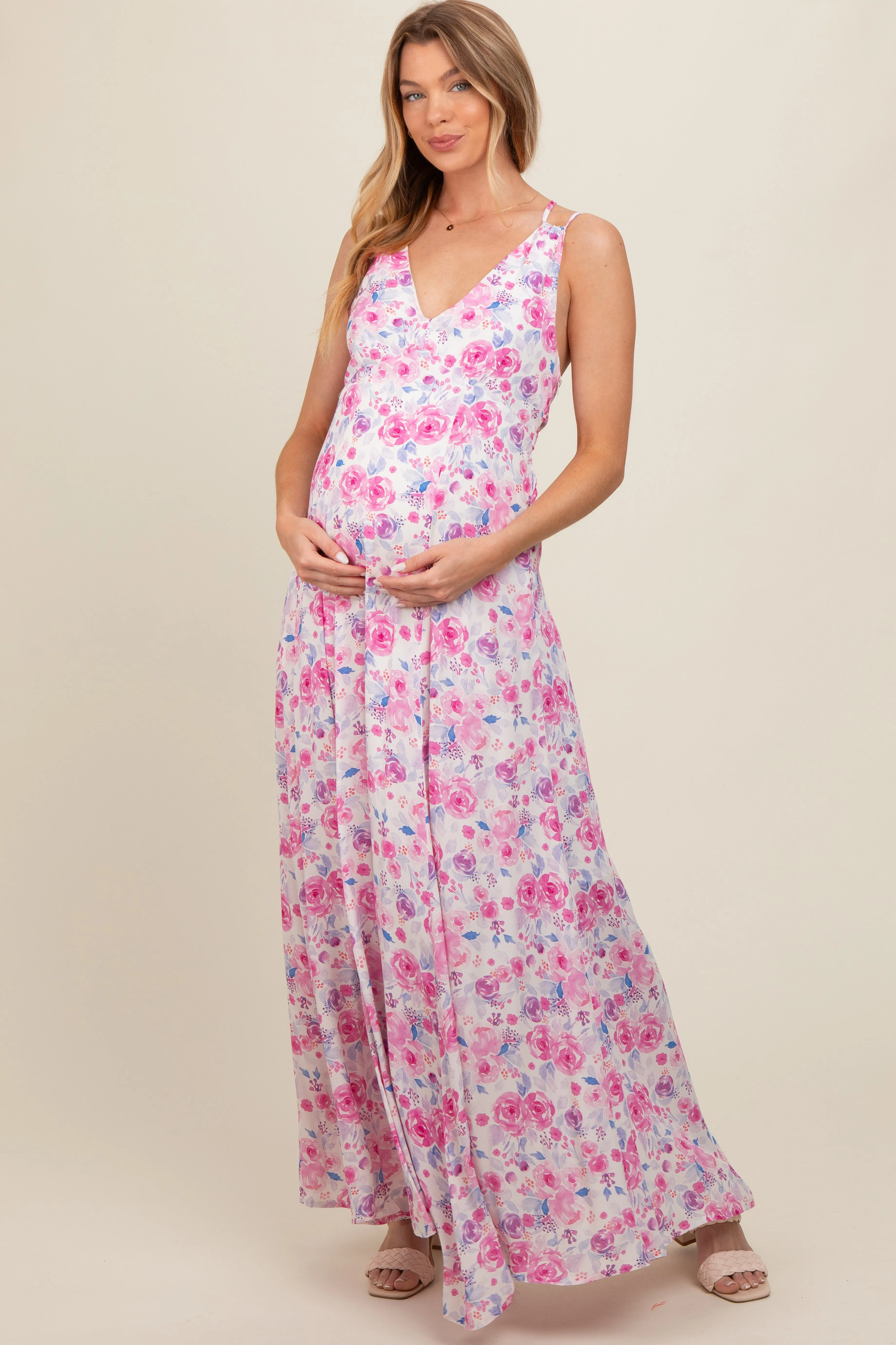 Magenta Floral Crisscross Back Maternity Maxi Dress sold by Pinkblush product image thumbnail 2