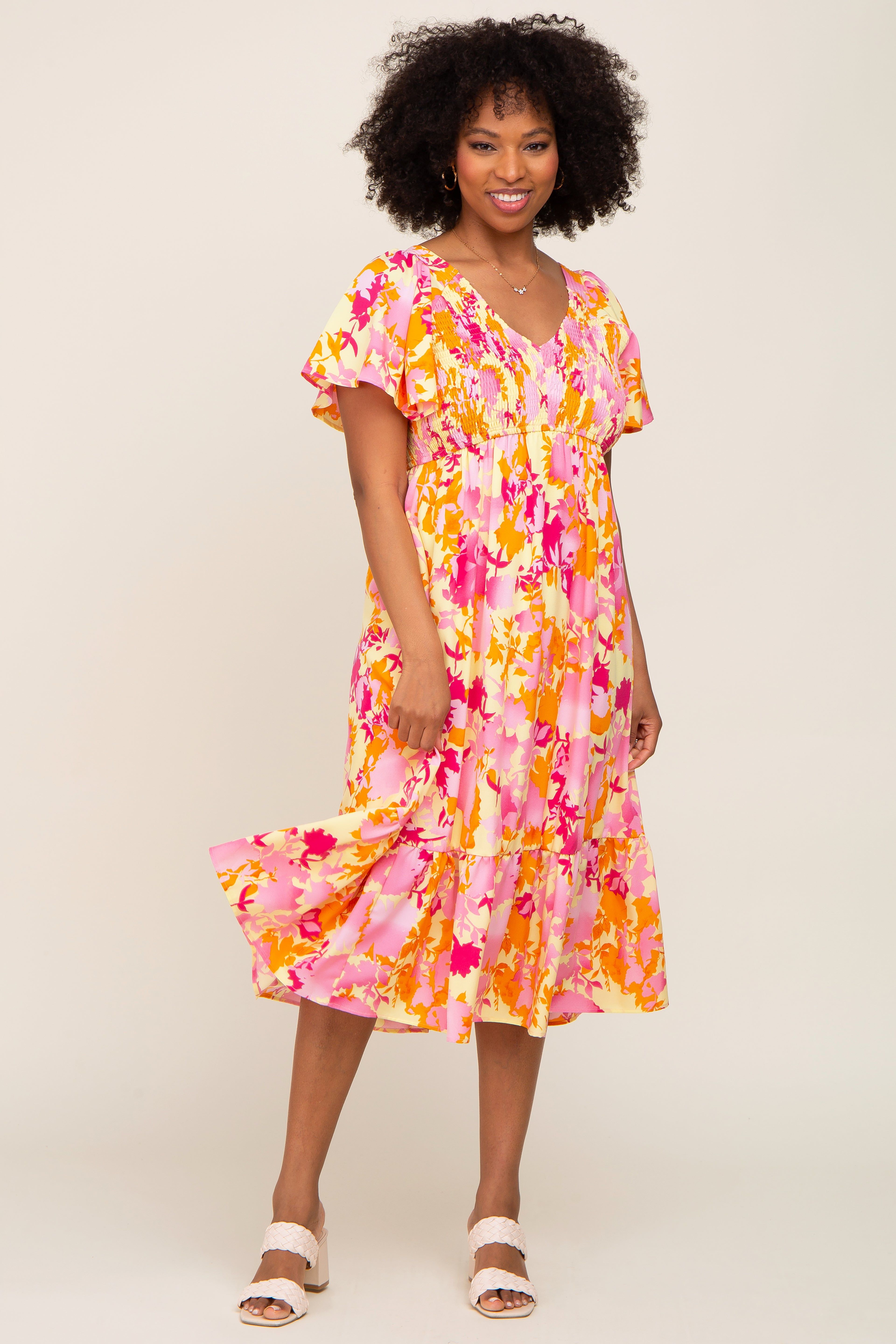 Yellow Print Smocked V-Neck Maternity Midi Dress sold by Pinkblush product image thumbnail 4
