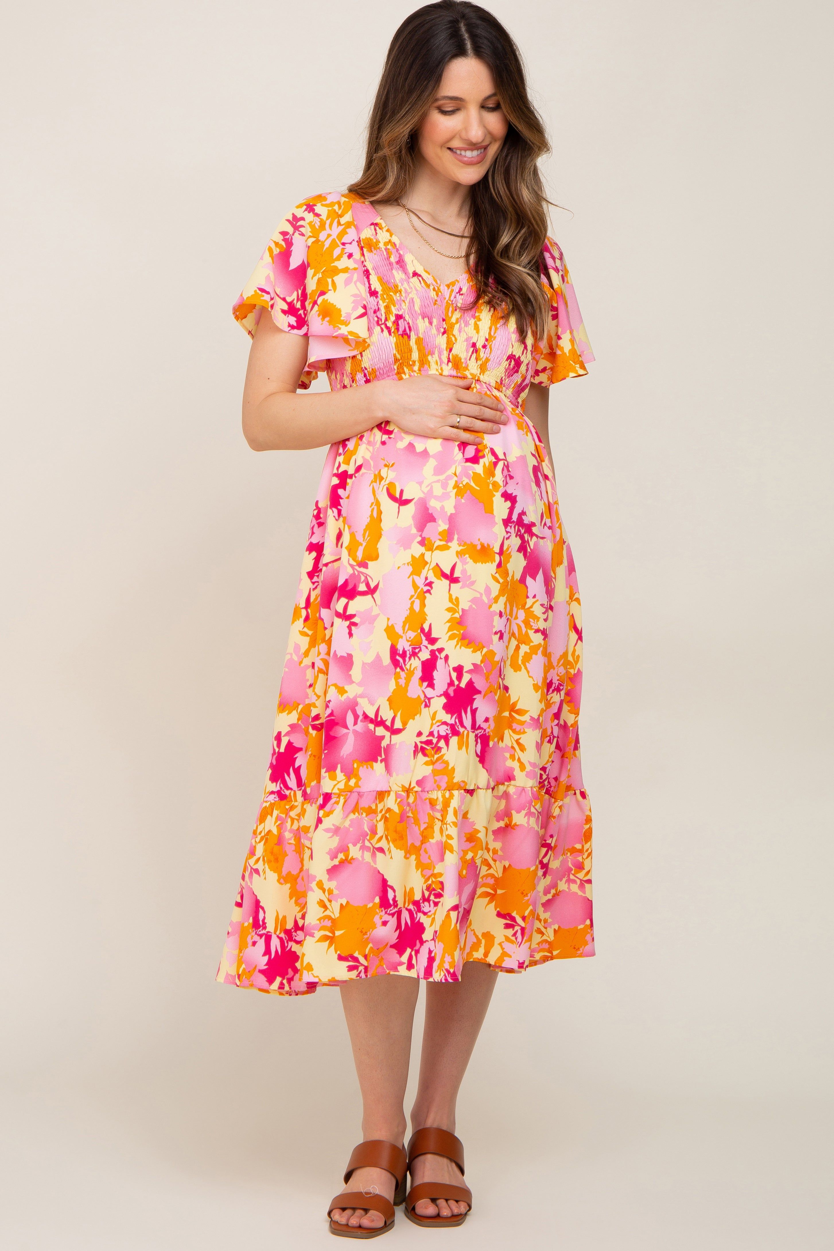 Yellow Print Smocked V-Neck Maternity Midi Dress sold by Pinkblush