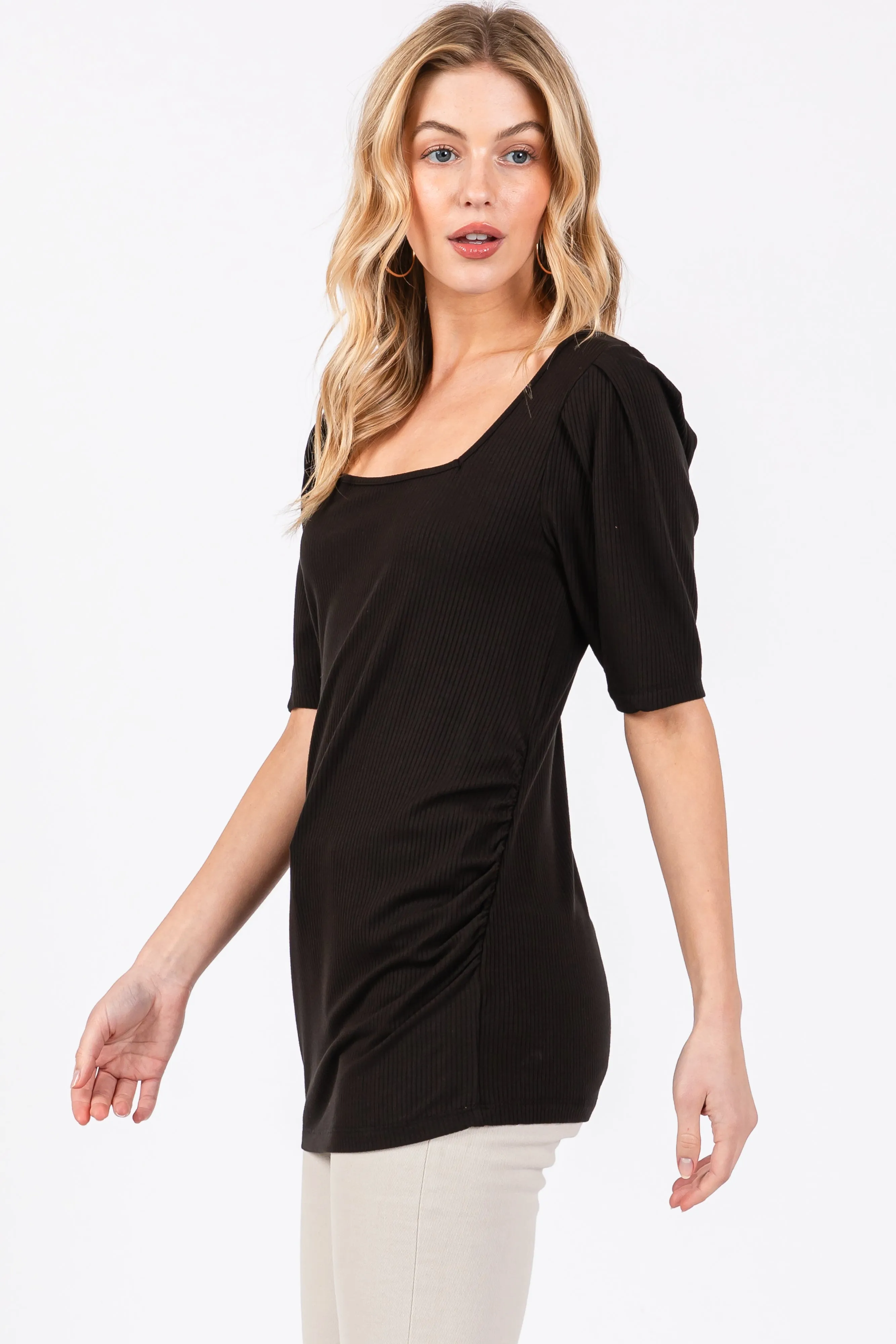 Black Ribbed Ruched Square Neck Puff Sleeve Top sold by Pinkblush product image thumbnail 2