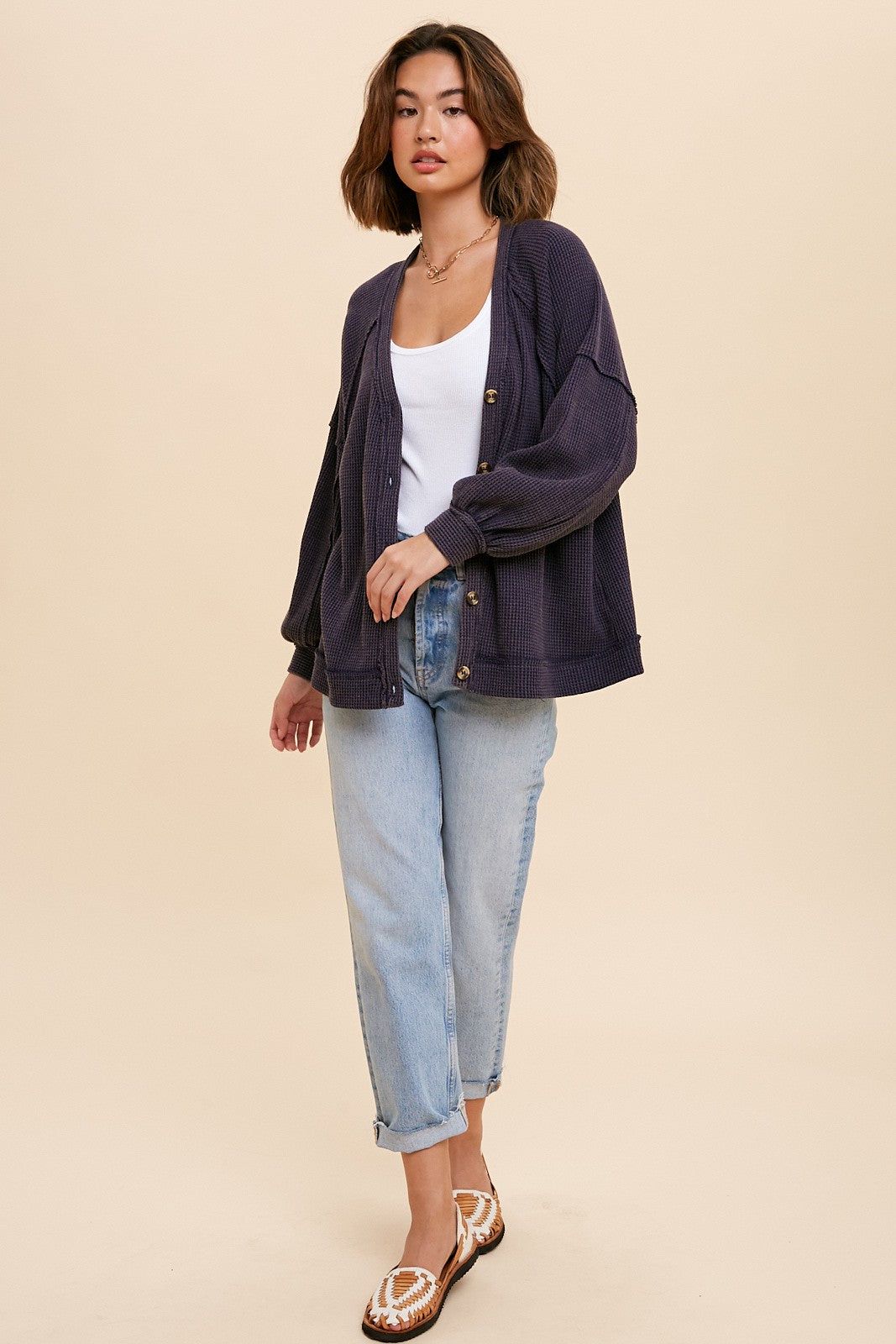 Navy Waffle Knit Button Long Sleeve Top sold by Pinkblush product image thumbnail 4