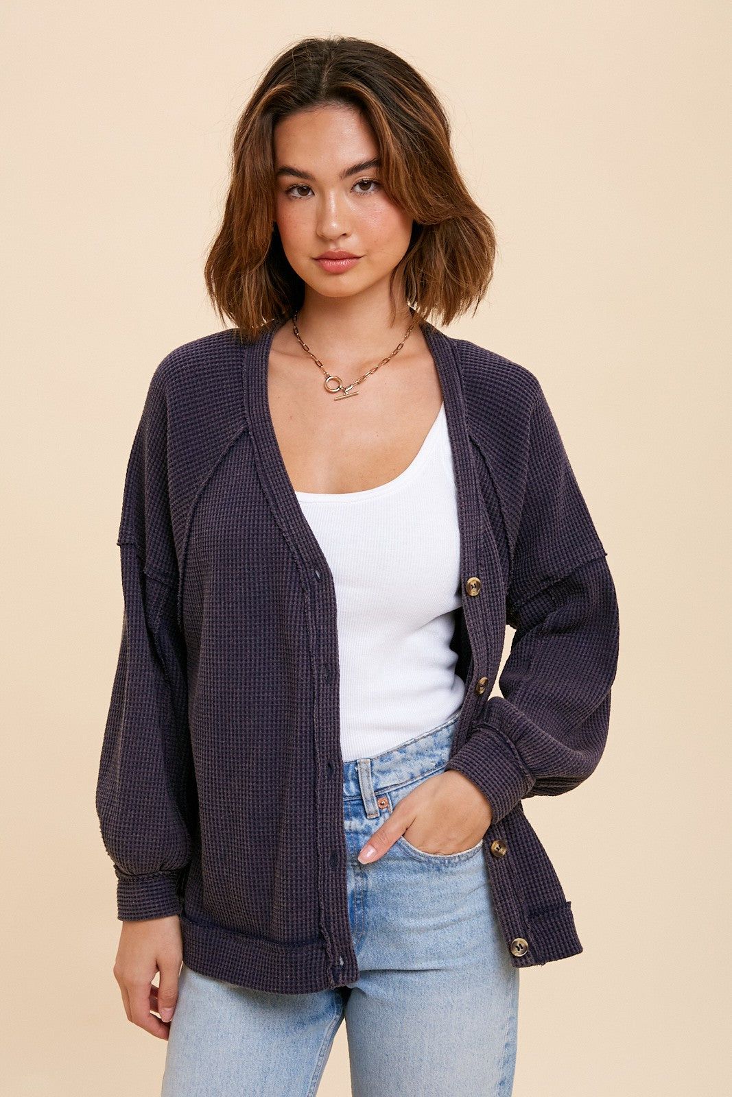 Navy Waffle Knit Button Long Sleeve Top sold by Pinkblush