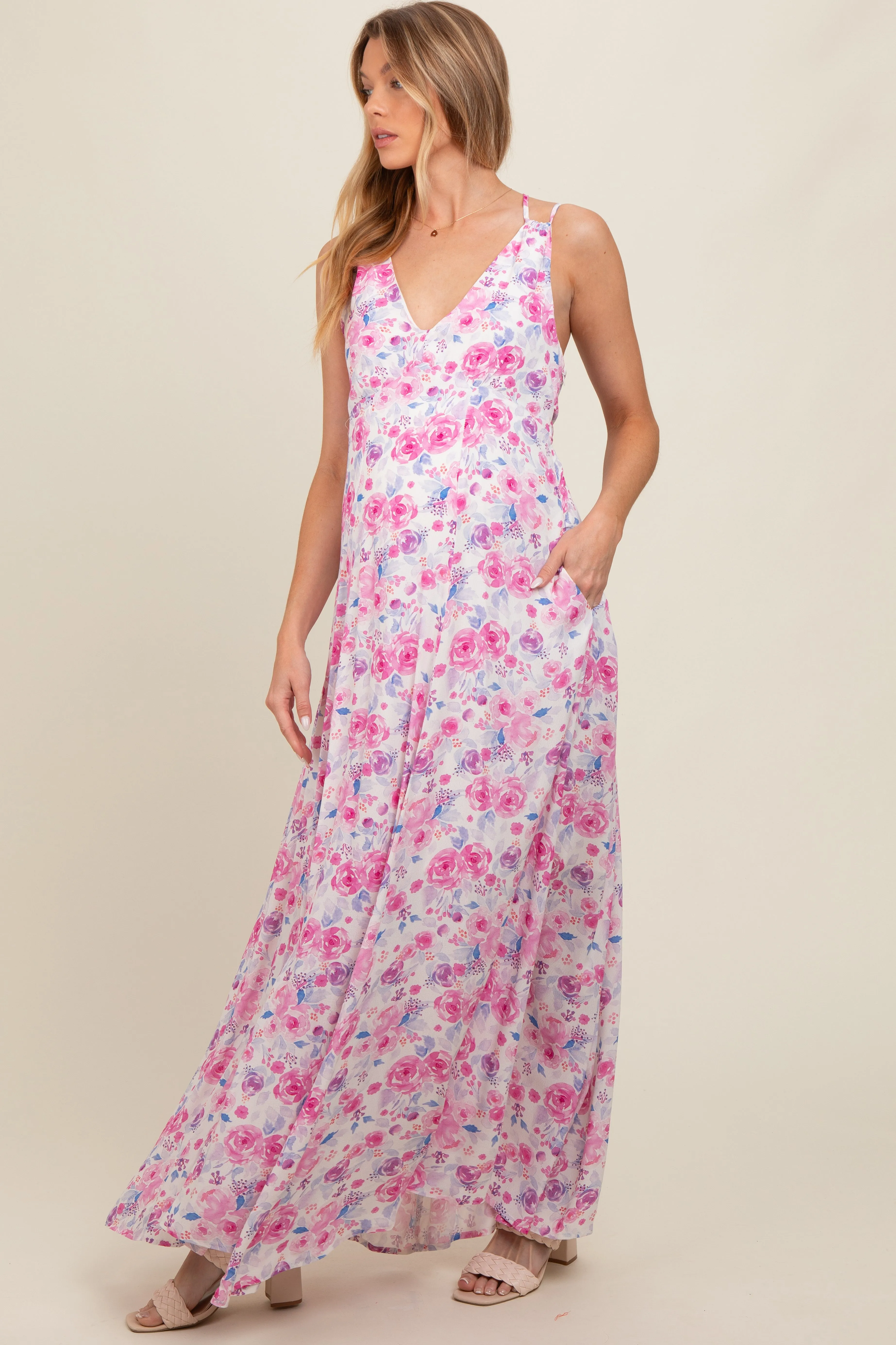 Magenta Floral Crisscross Back Maternity Maxi Dress sold by Pinkblush product image thumbnail 3
