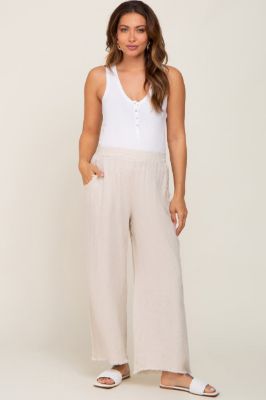 Beige Fringe Hem Linen Maternity Pants sold by Pinkblush