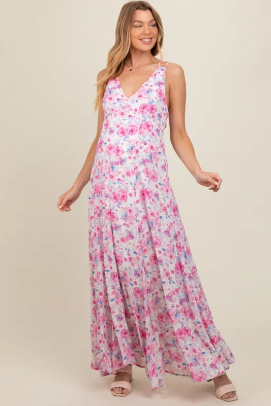 Magenta Floral Crisscross Back Maternity Maxi Dress sold by Pinkblush