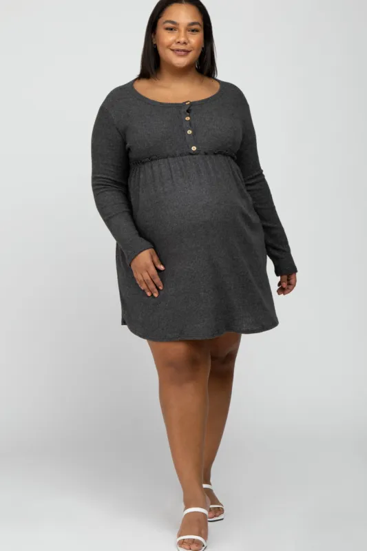 Charcoal Brushed Rib Button Accent Maternity Plus Dress sold by Pinkblush