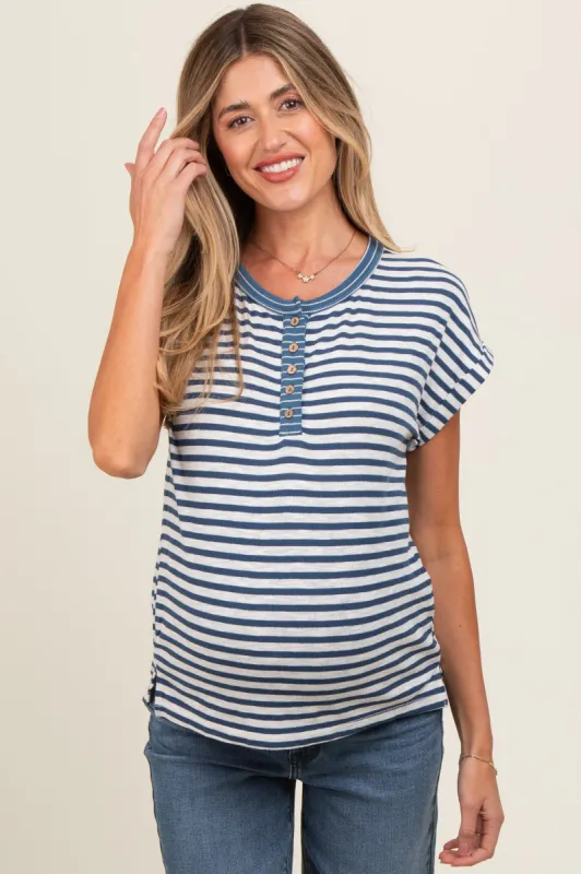 Blue Mixed Stripe Henley Maternity Tee sold by Pinkblush
