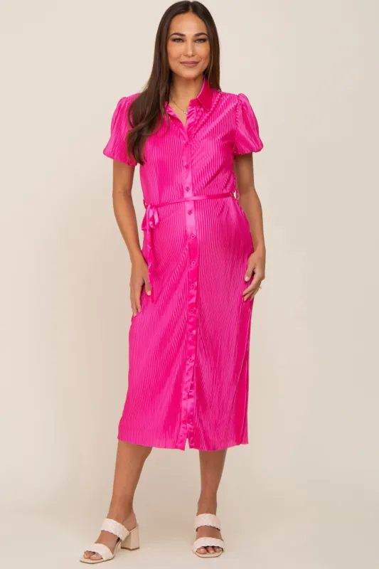 Fuchsia Pleated Button-Down Collared Maternity Midi Dress sold by Pinkblush