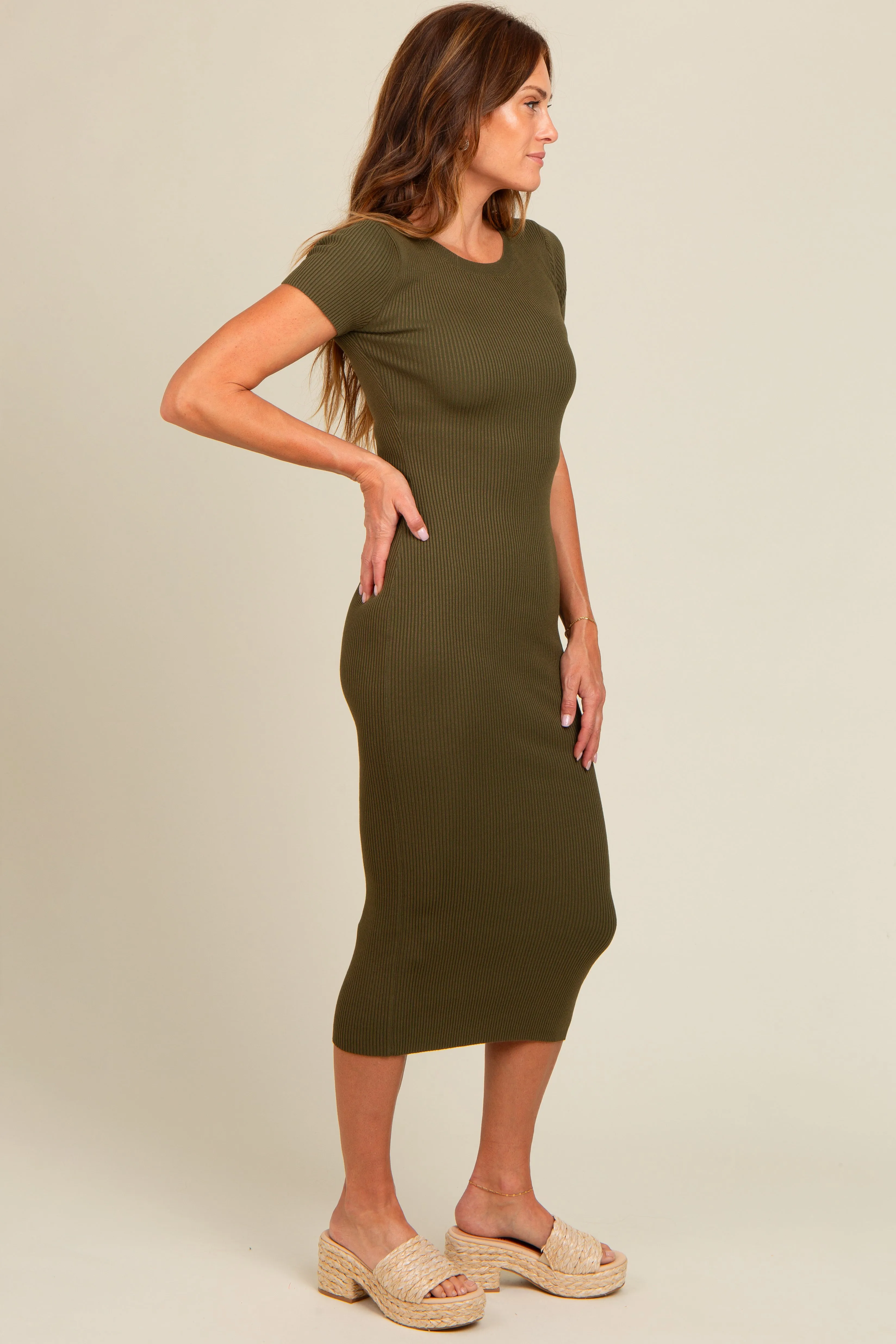 Olive Short Sleeve Rib Knit Midi Dress sold by Pinkblush product image thumbnail 3