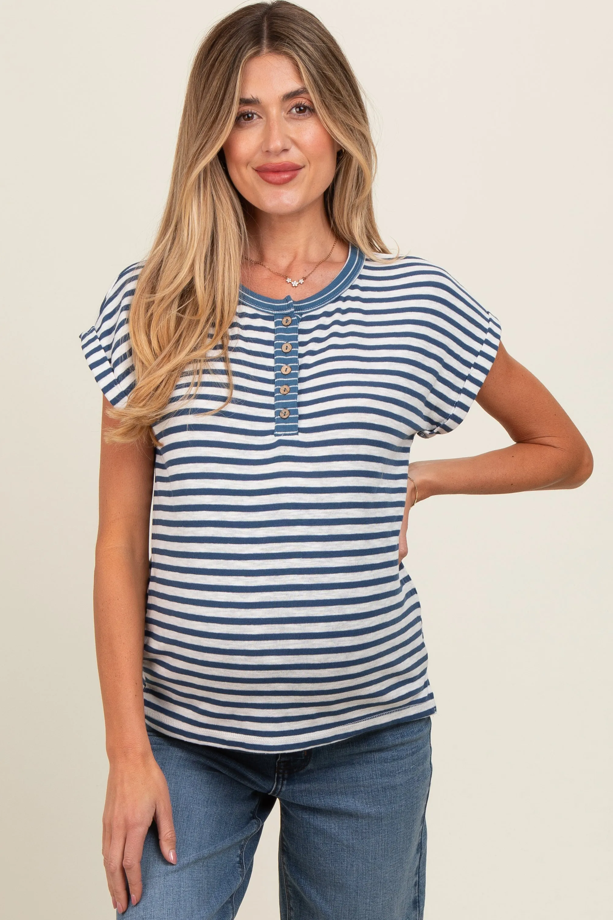 Blue Mixed Stripe Henley Maternity Tee sold by Pinkblush product image thumbnail 2