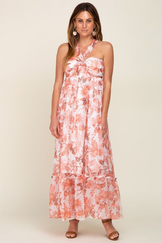 Rust Floral Chiffon Halter Maxi Dress sold by Pinkblush