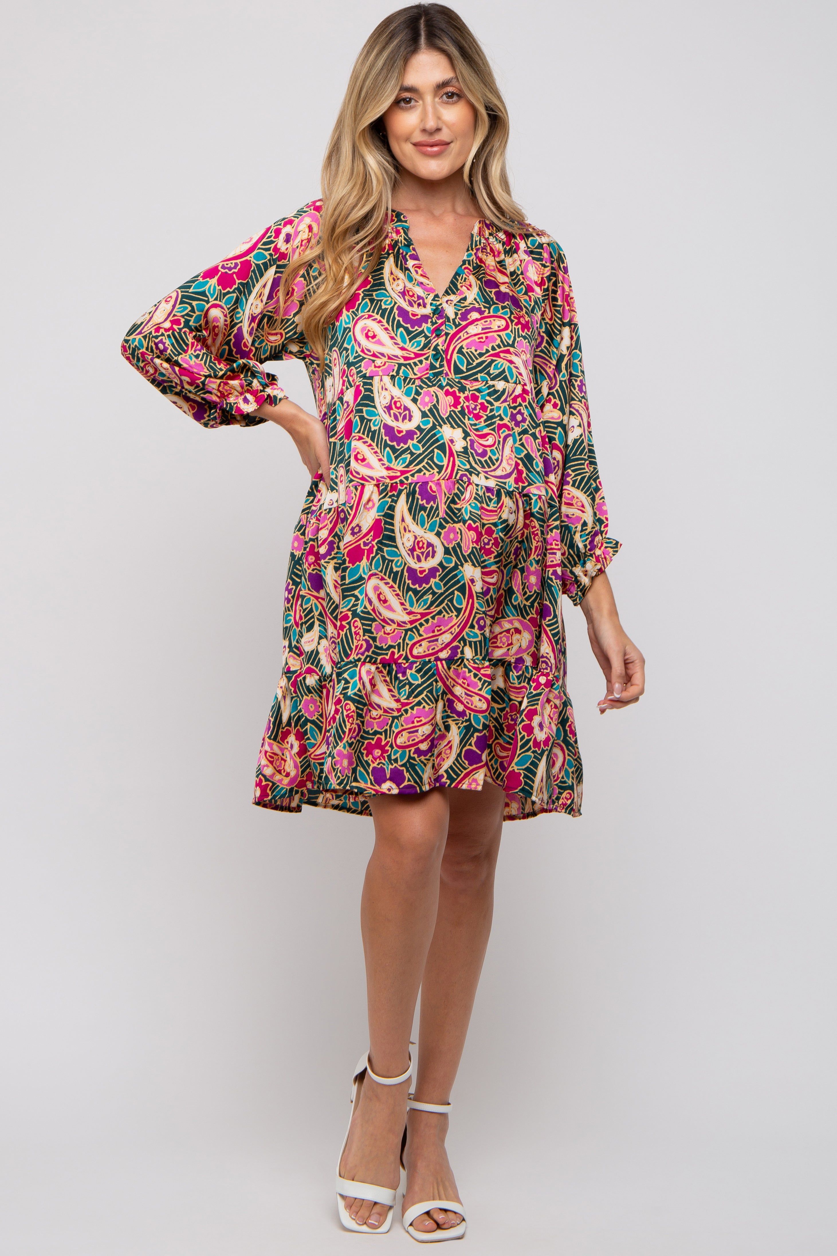 Teal Floral Button Front Tiered Maternity Dress sold by Pinkblush