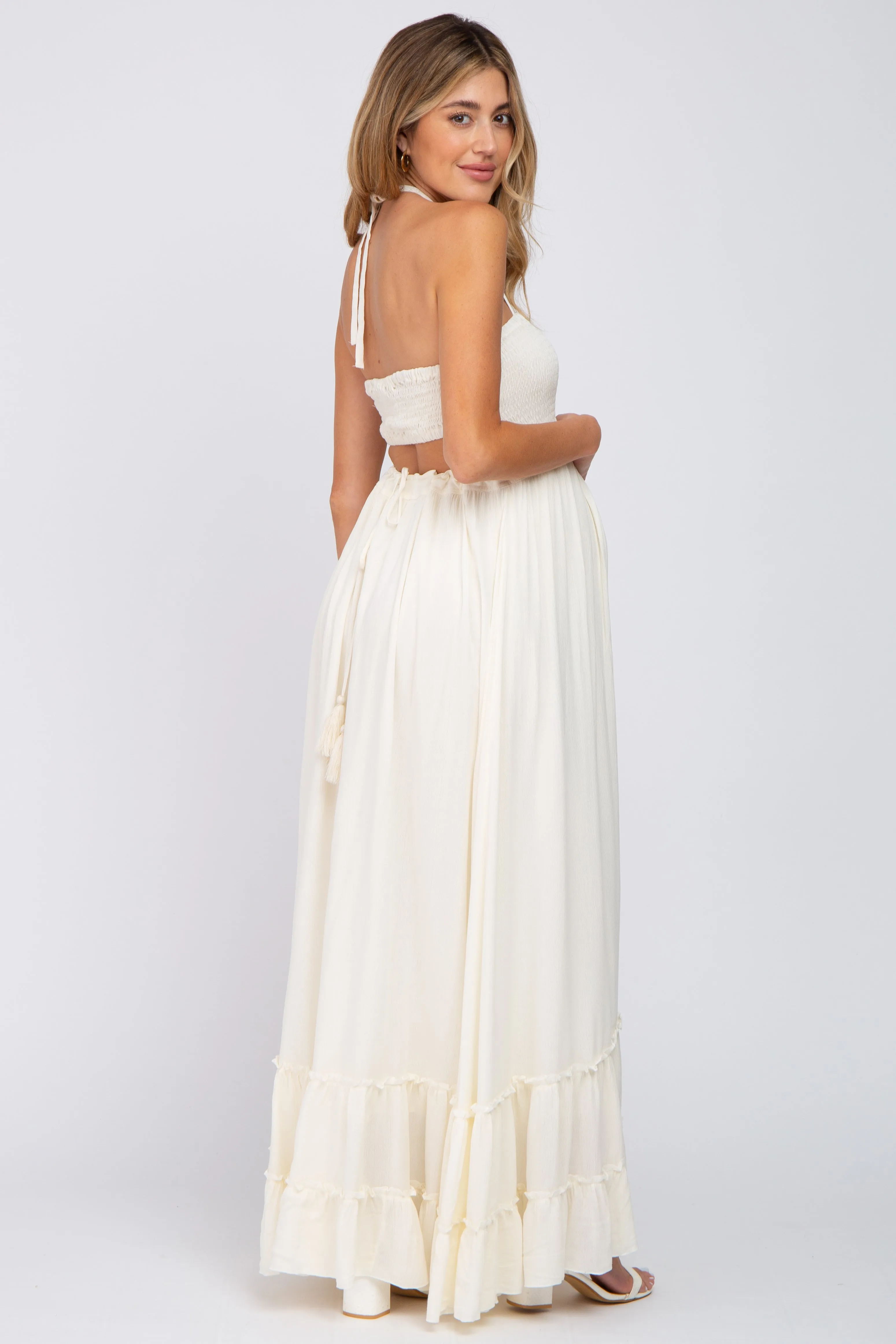 Cream Halter Neck Cut Out Maternity Maxi Dress sold by Pinkblush product image thumbnail 5