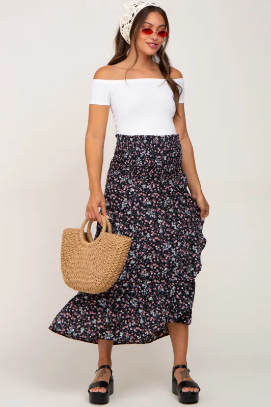 Black Floral Smocked Waist Ruffle Front Maternity Skirt sold by Pinkblush