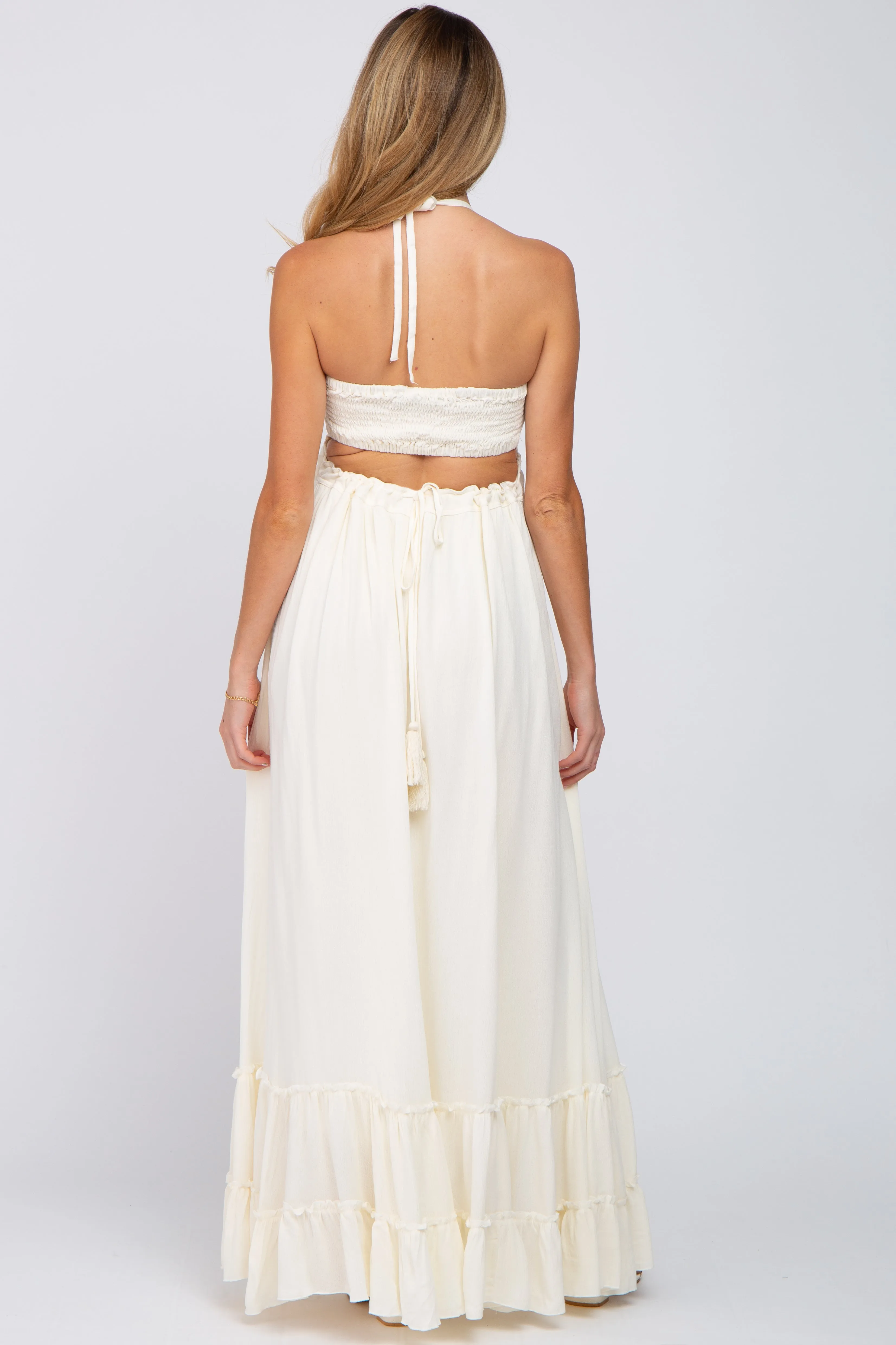 Cream Halter Neck Cut Out Maternity Maxi Dress sold by Pinkblush product image thumbnail 3