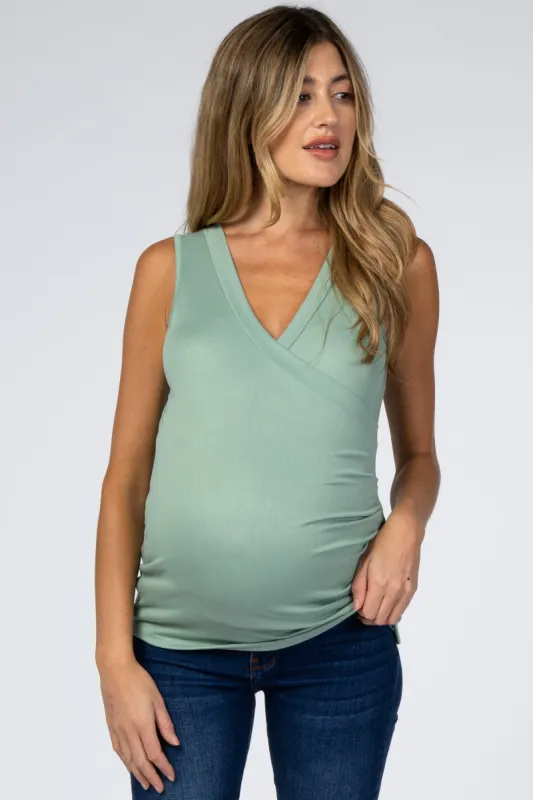 Light Olive Crossover Ruched Maternity Nursing Tank sold by Pinkblush