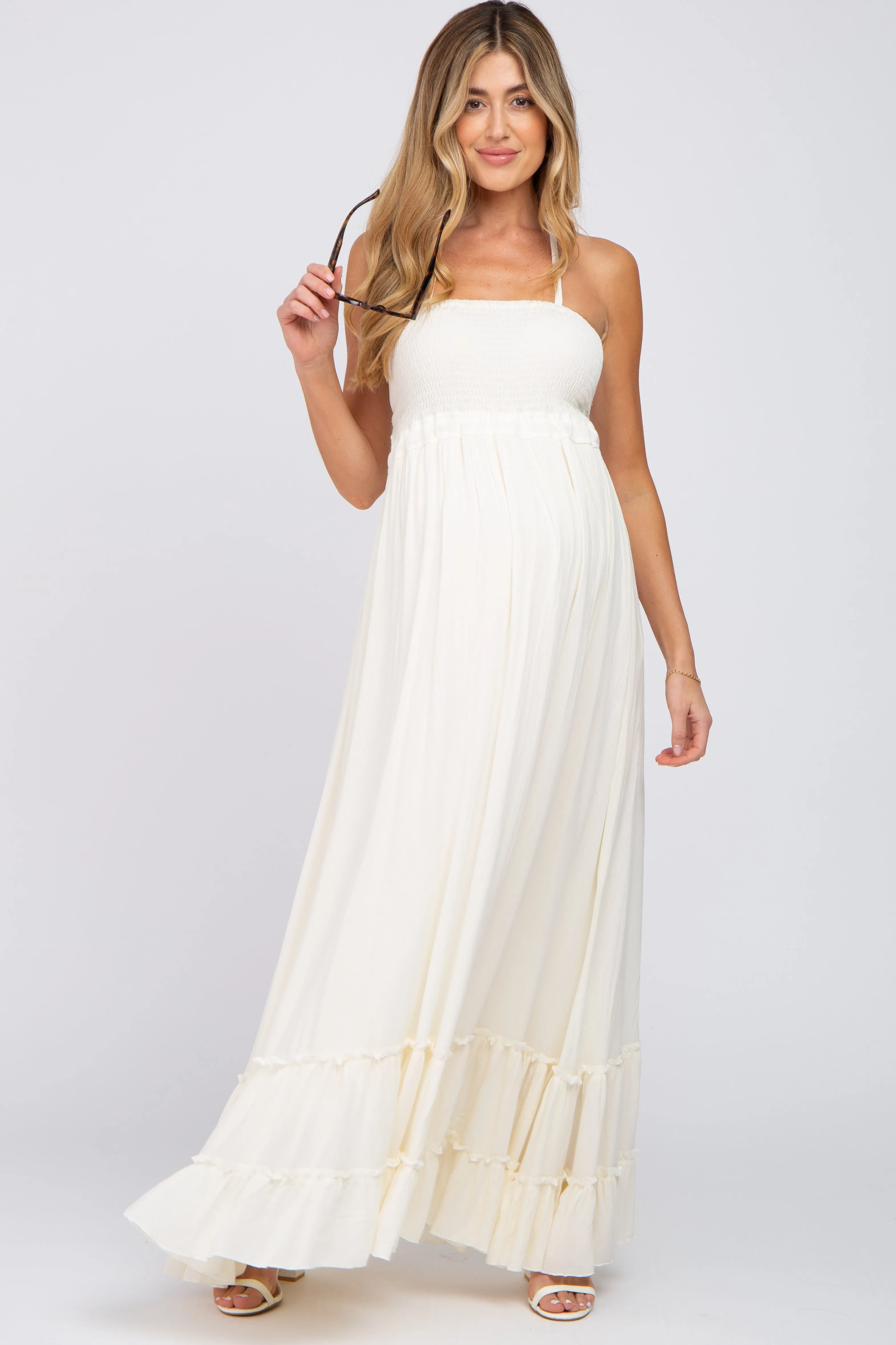 Cream Halter Neck Cut Out Maternity Maxi Dress sold by Pinkblush product image thumbnail 4