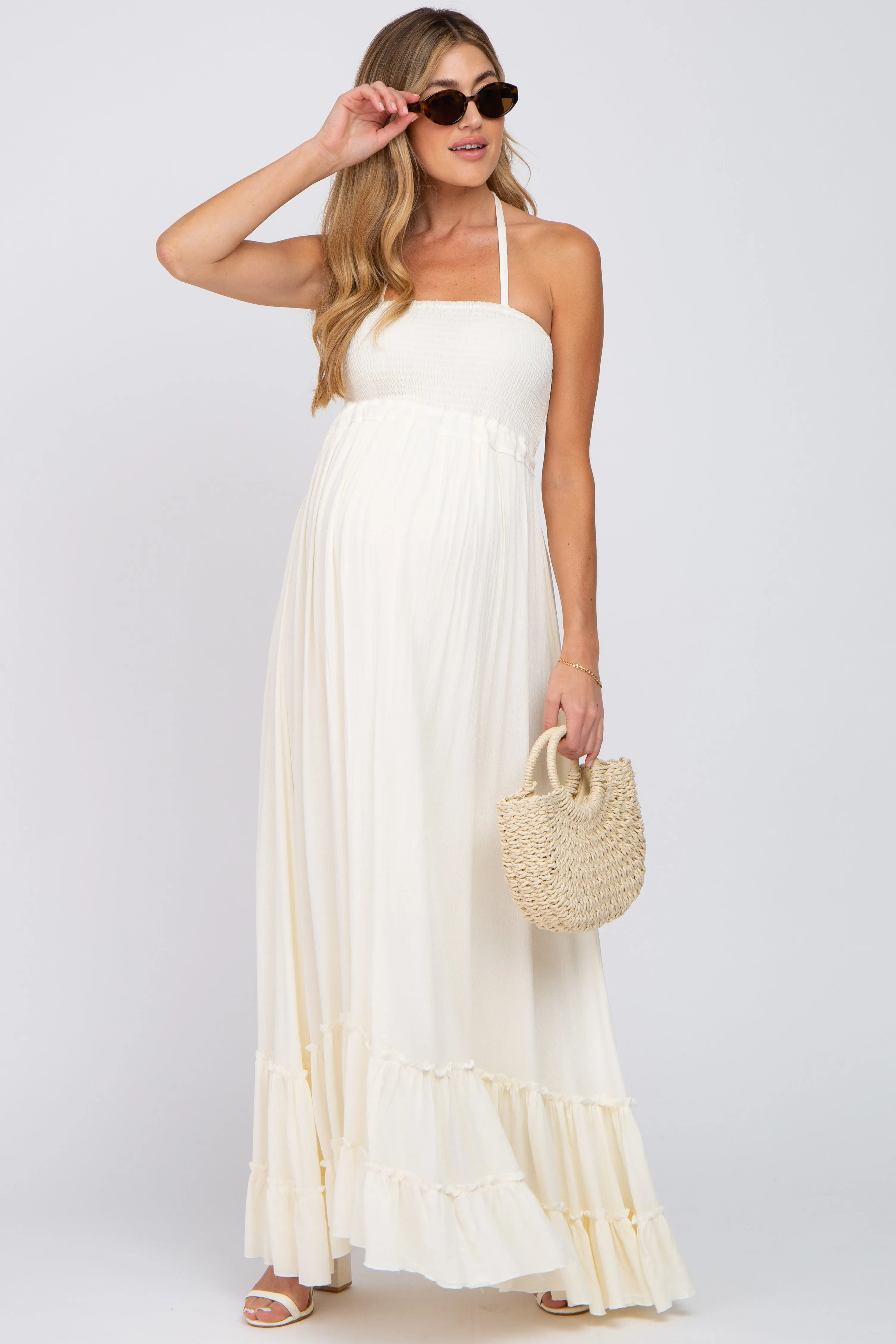 Cream Halter Neck Cut Out Maternity Maxi Dress sold by Pinkblush