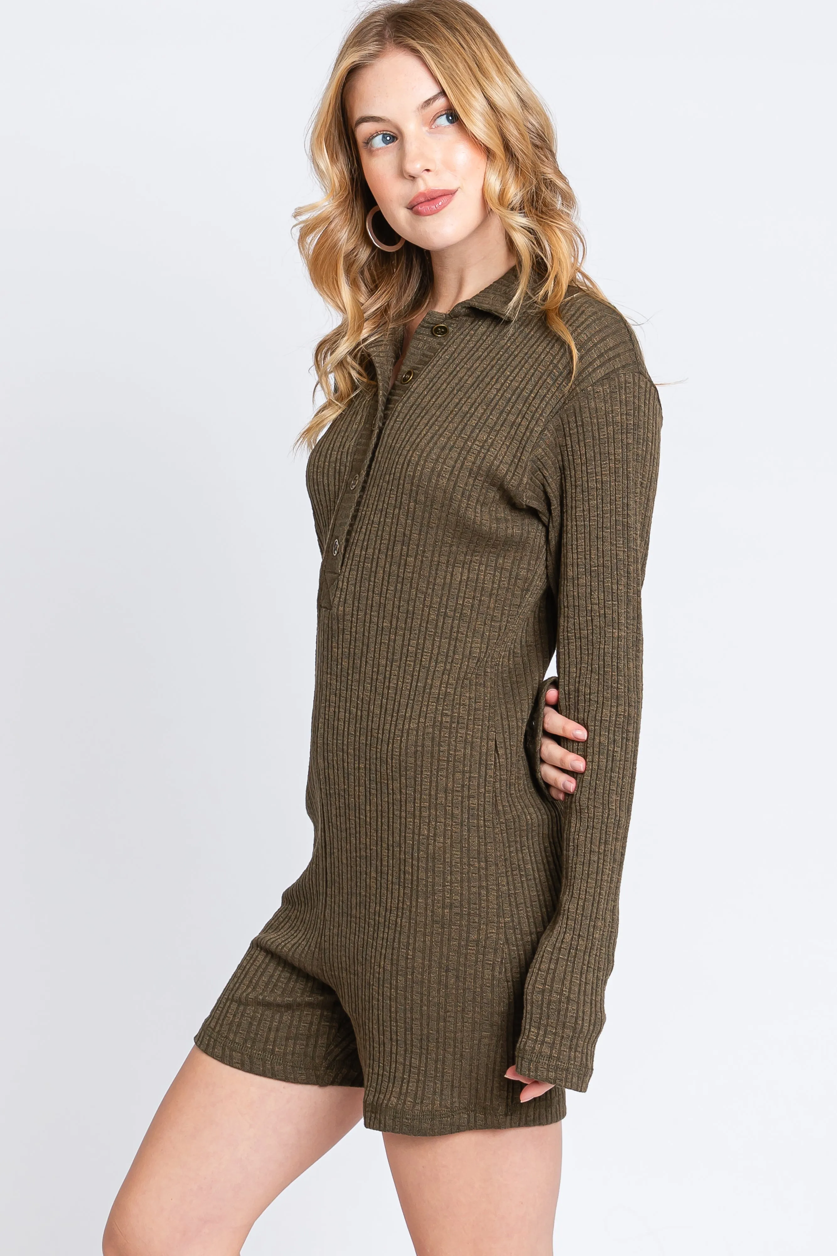 Olive Rib Knit Collared Romper sold by Pinkblush product image thumbnail 3
