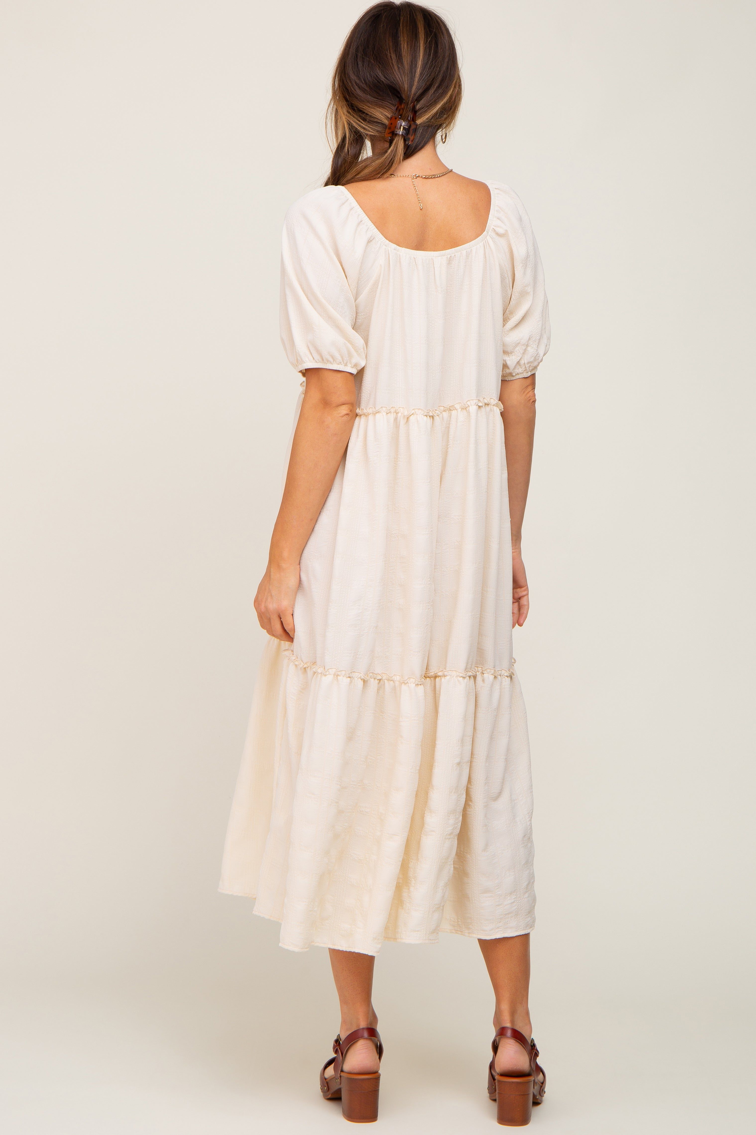 Cream Off Shoulder Short Sleeve Ruffle Tiered Midi Dress sold by Pinkblush product image thumbnail 3