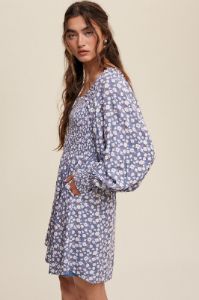 Denim Flower Print Smocked Square Neck Long Sleeve Dress sold by Pinkblush