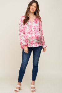 Beige Floral Satin Long Sleeve Maternity Top sold by Pinkblush