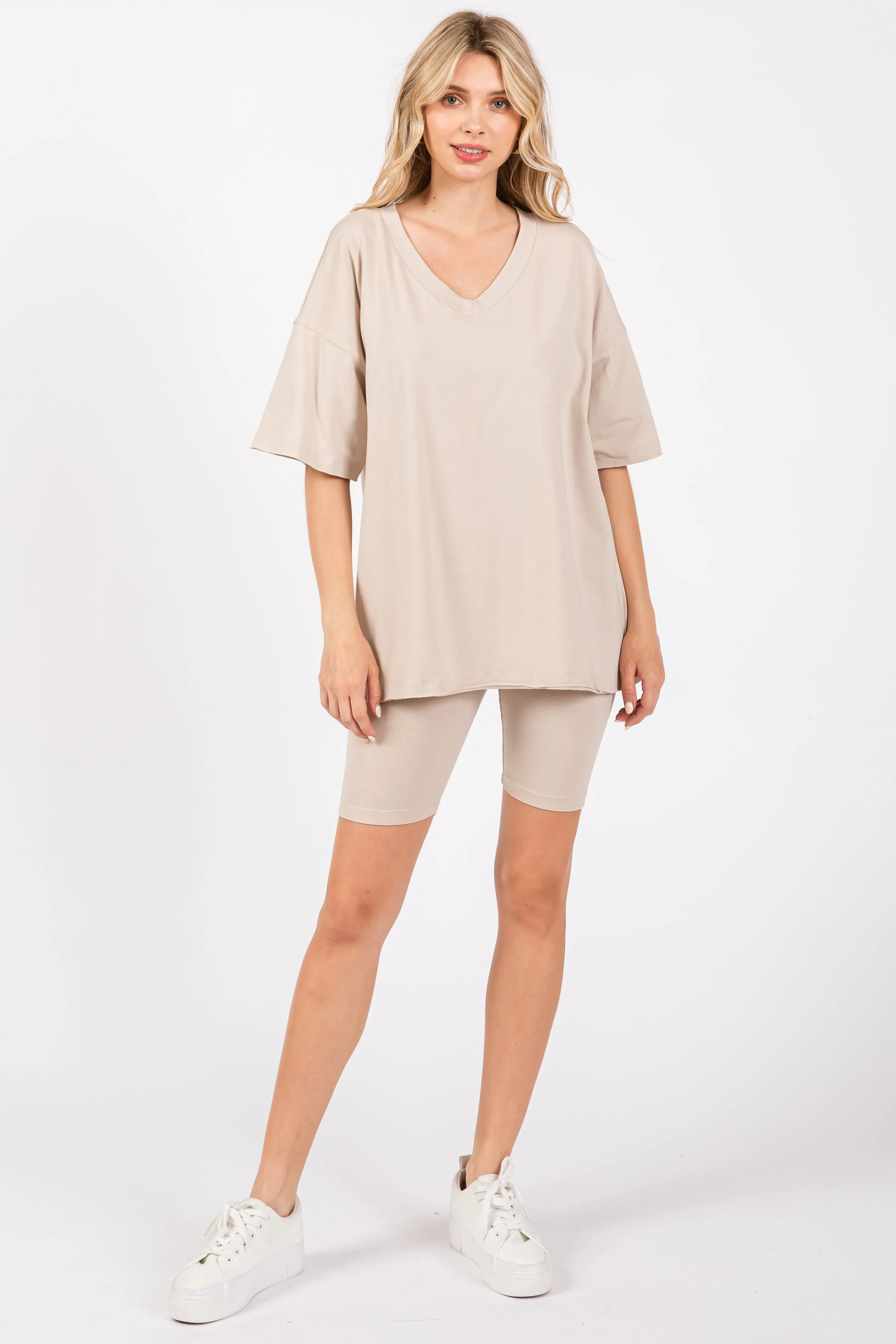 Beige Oversized V-Neck Biker Short Set sold by Pinkblush