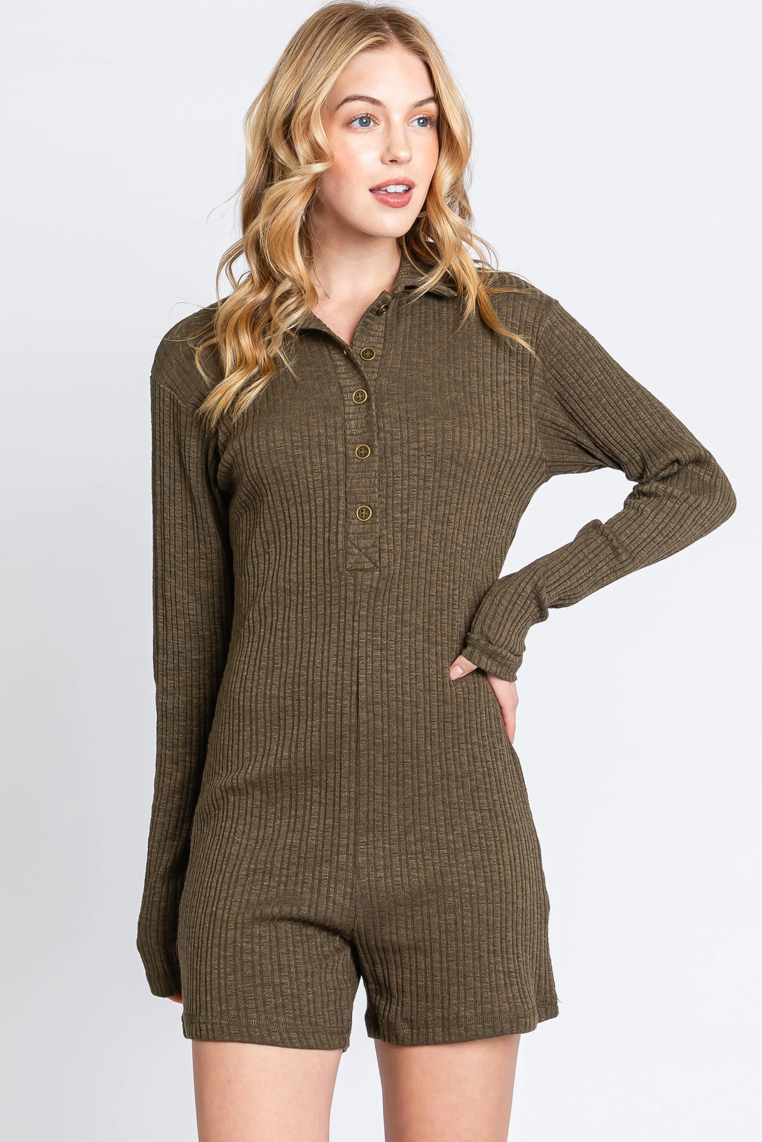 Olive Rib Knit Collared Romper sold by Pinkblush