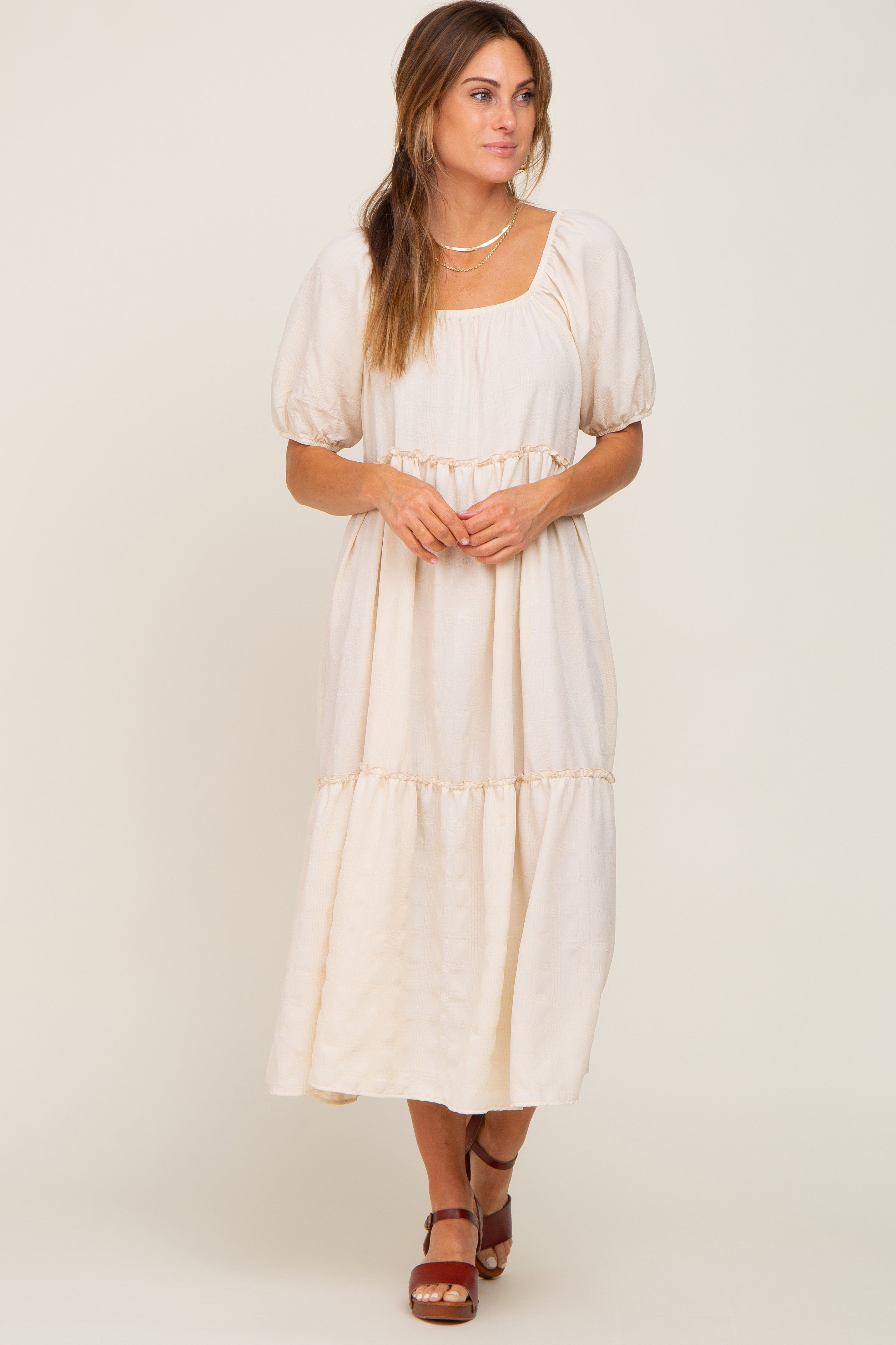 Cream Off Shoulder Short Sleeve Ruffle Tiered Midi Dress sold by Pinkblush product image thumbnail 4