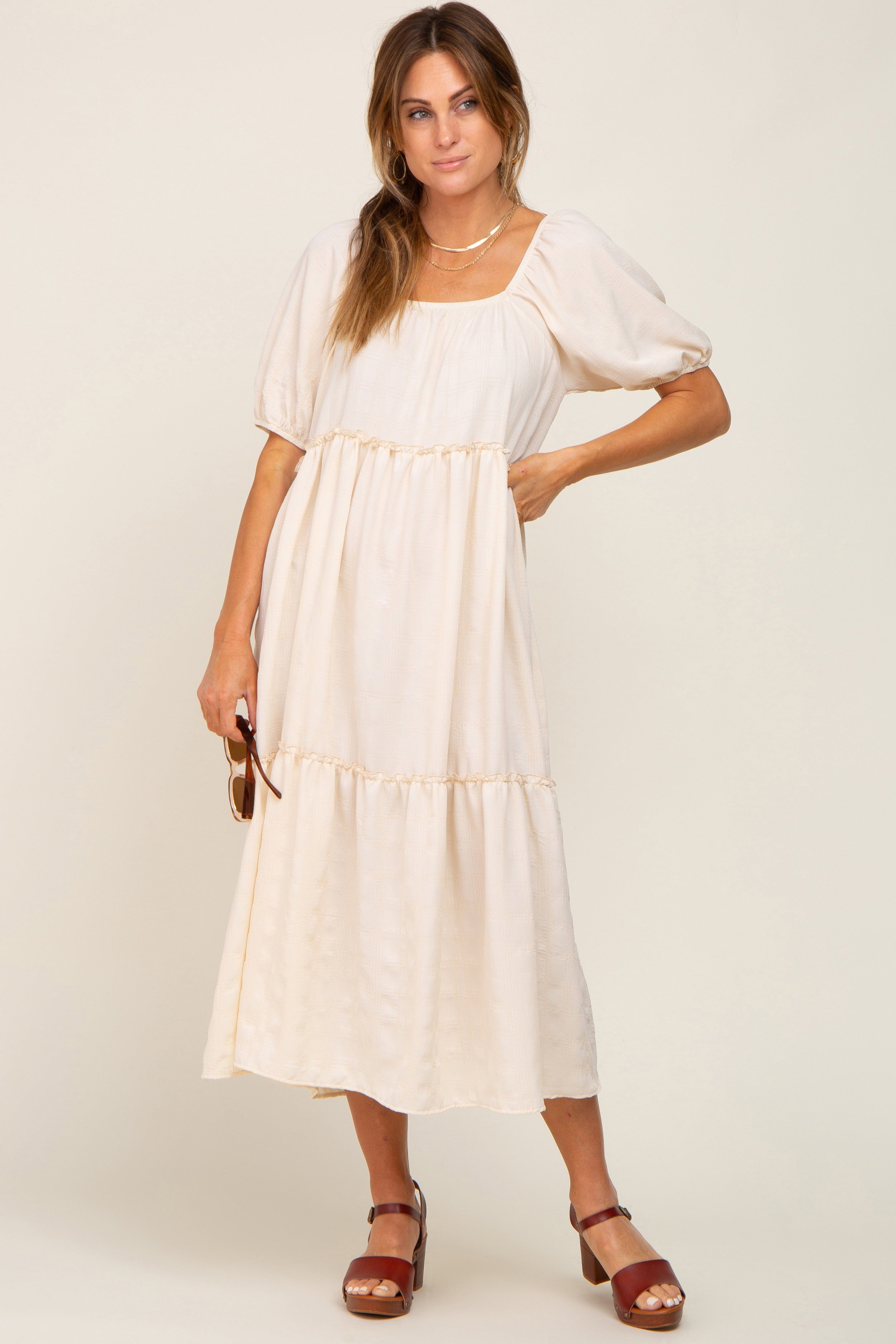 Cream Off Shoulder Short Sleeve Ruffle Tiered Midi Dress sold by Pinkblush