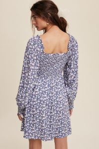 Denim Flower Print Smocked Square Neck Long Sleeve Dress sold by Pinkblush