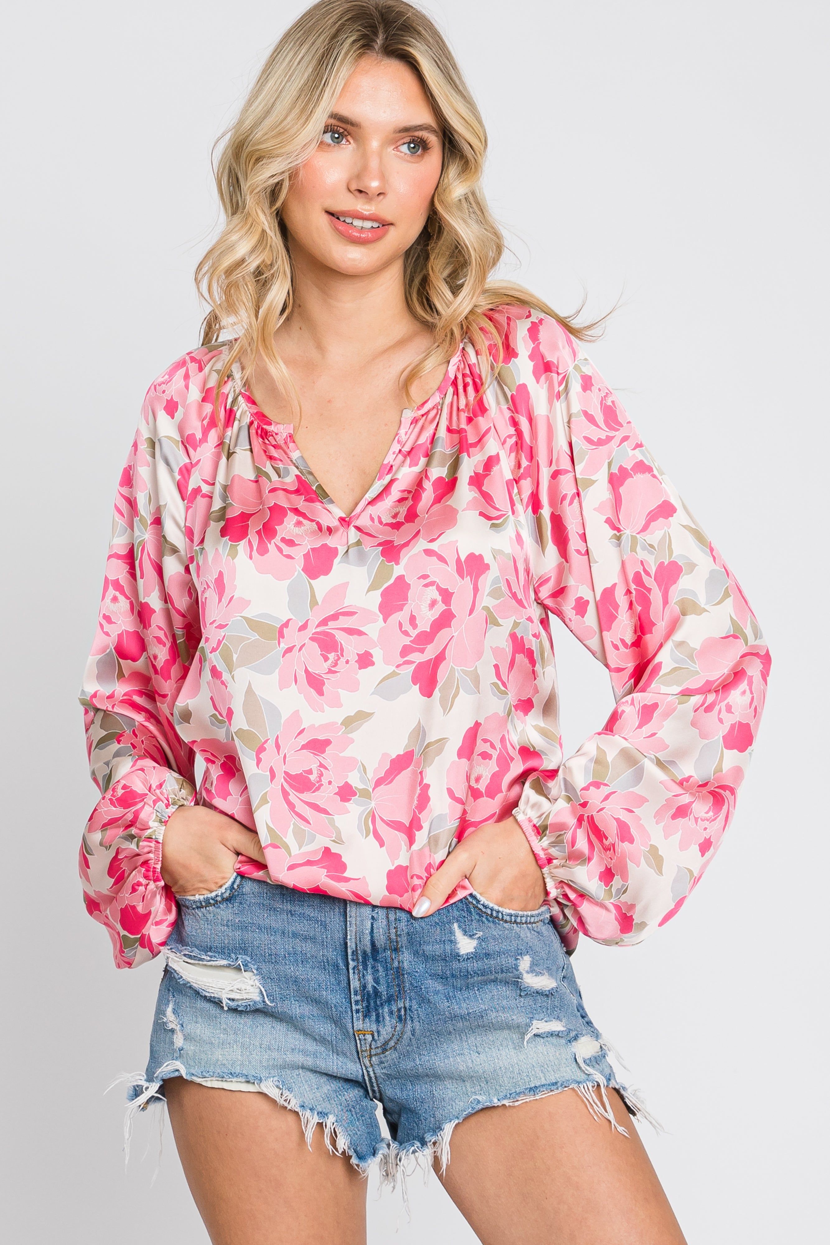 Beige Floral Satin Long Sleeve Maternity Top sold by Pinkblush product image thumbnail 5