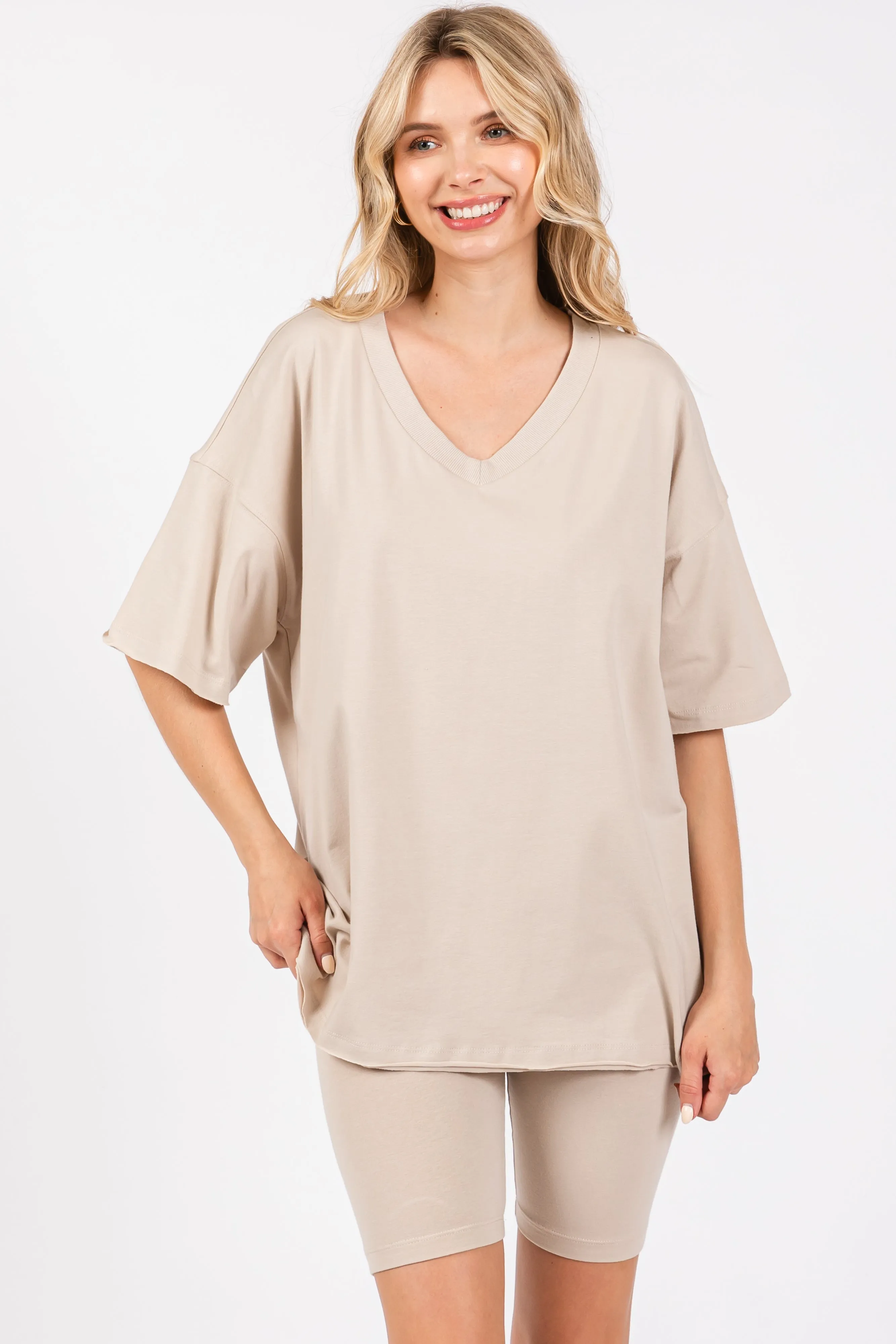 Beige Oversized V-Neck Biker Short Set sold by Pinkblush product image thumbnail 2