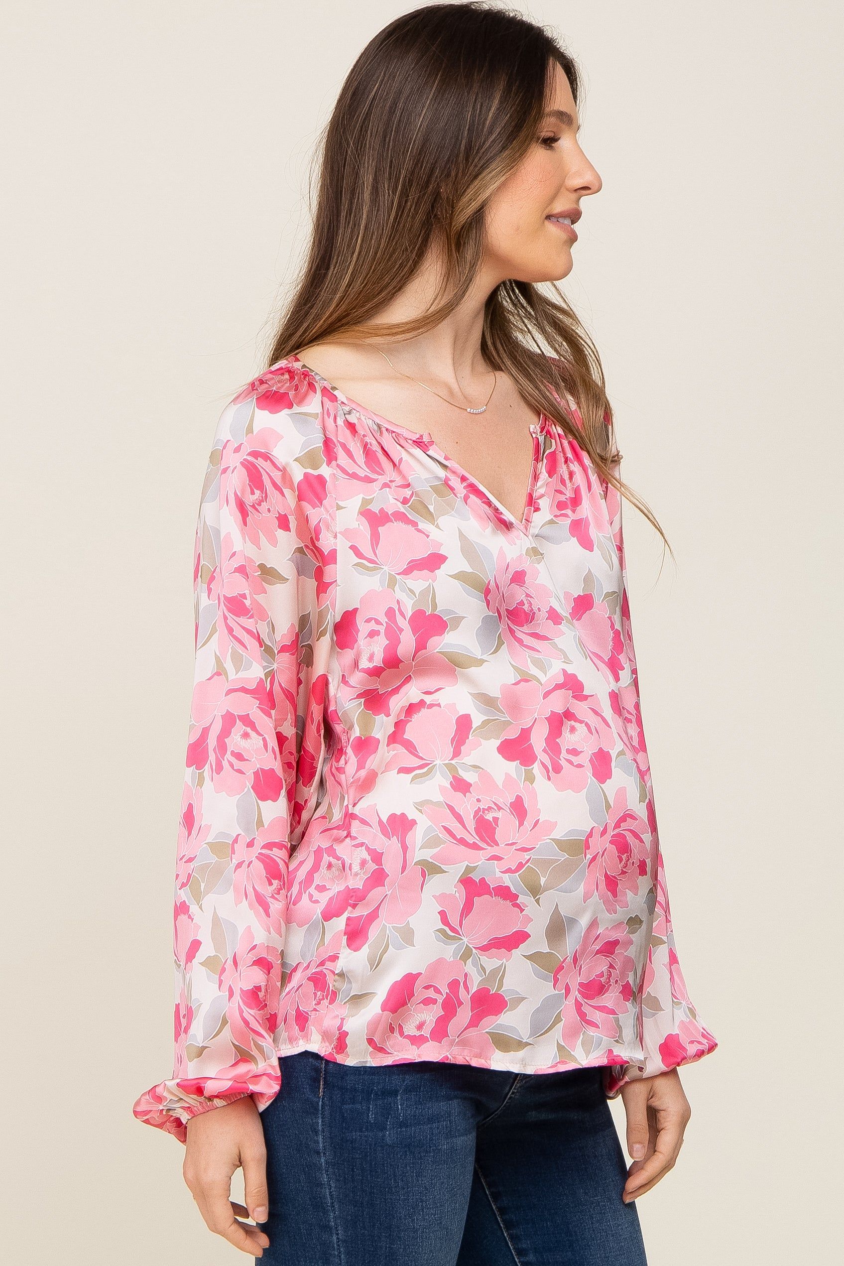 Beige Floral Satin Long Sleeve Maternity Top sold by Pinkblush product image thumbnail 2