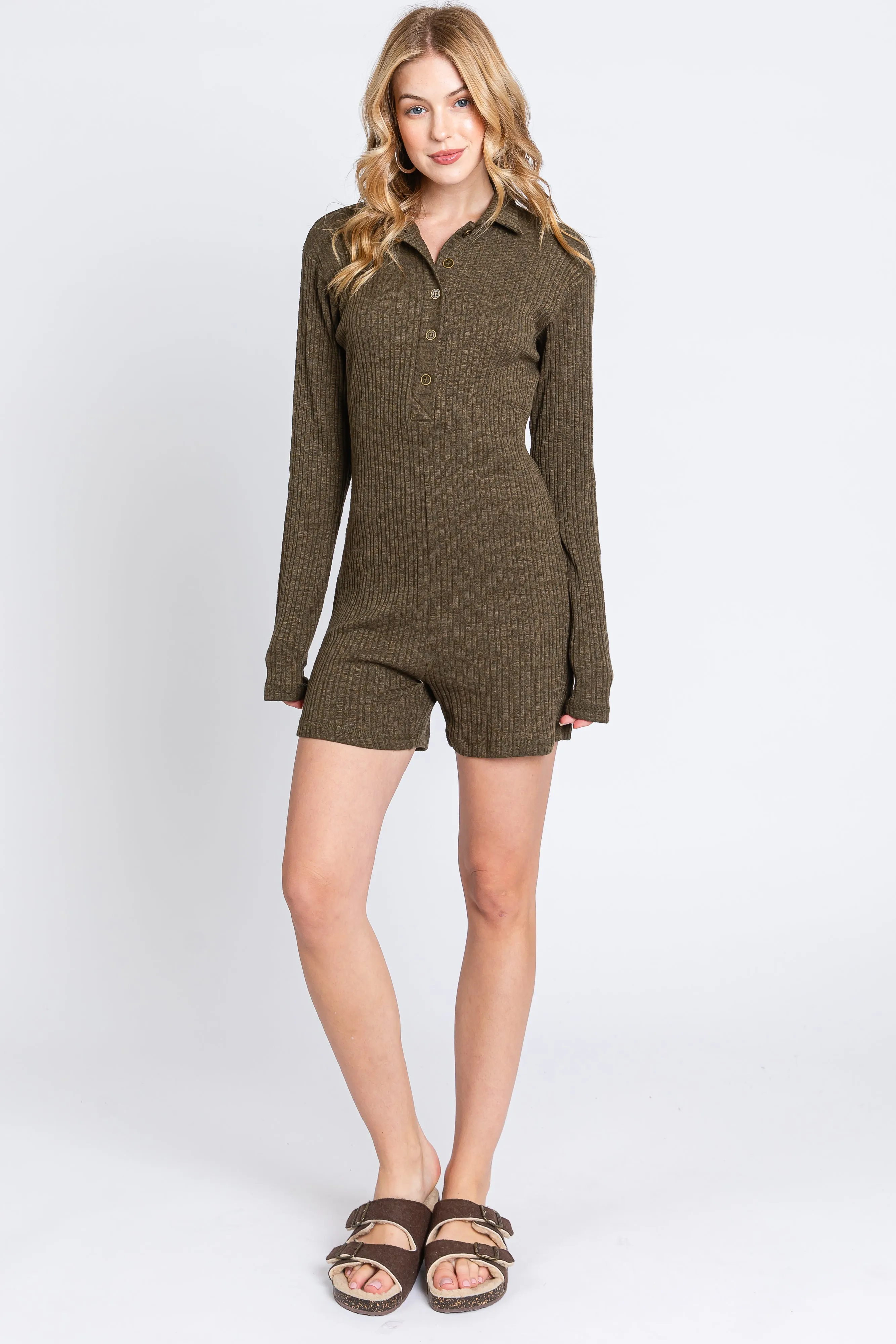 Olive Rib Knit Collared Romper sold by Pinkblush product image thumbnail 2