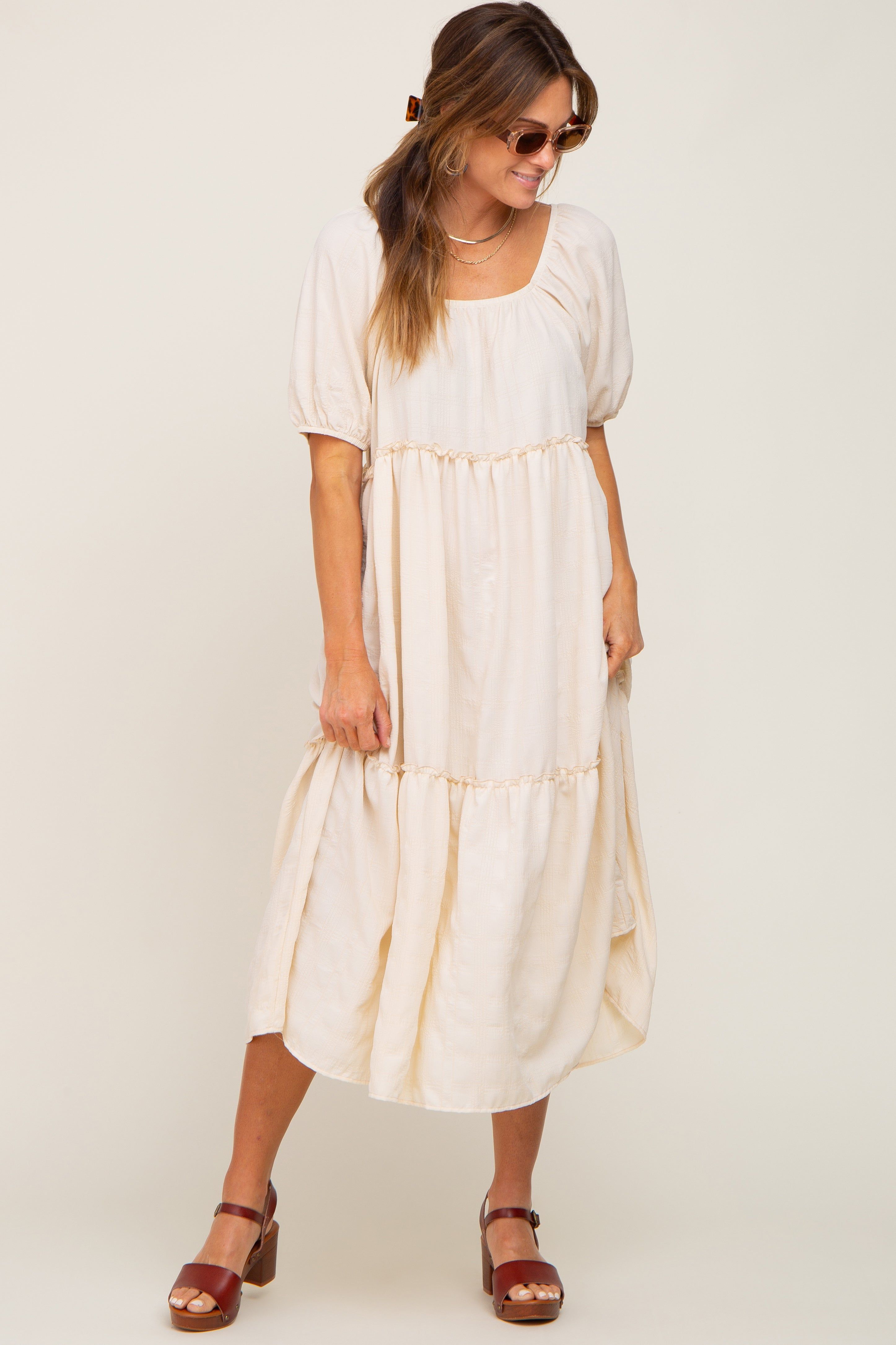 Cream Off Shoulder Short Sleeve Ruffle Tiered Midi Dress sold by Pinkblush product image thumbnail 5