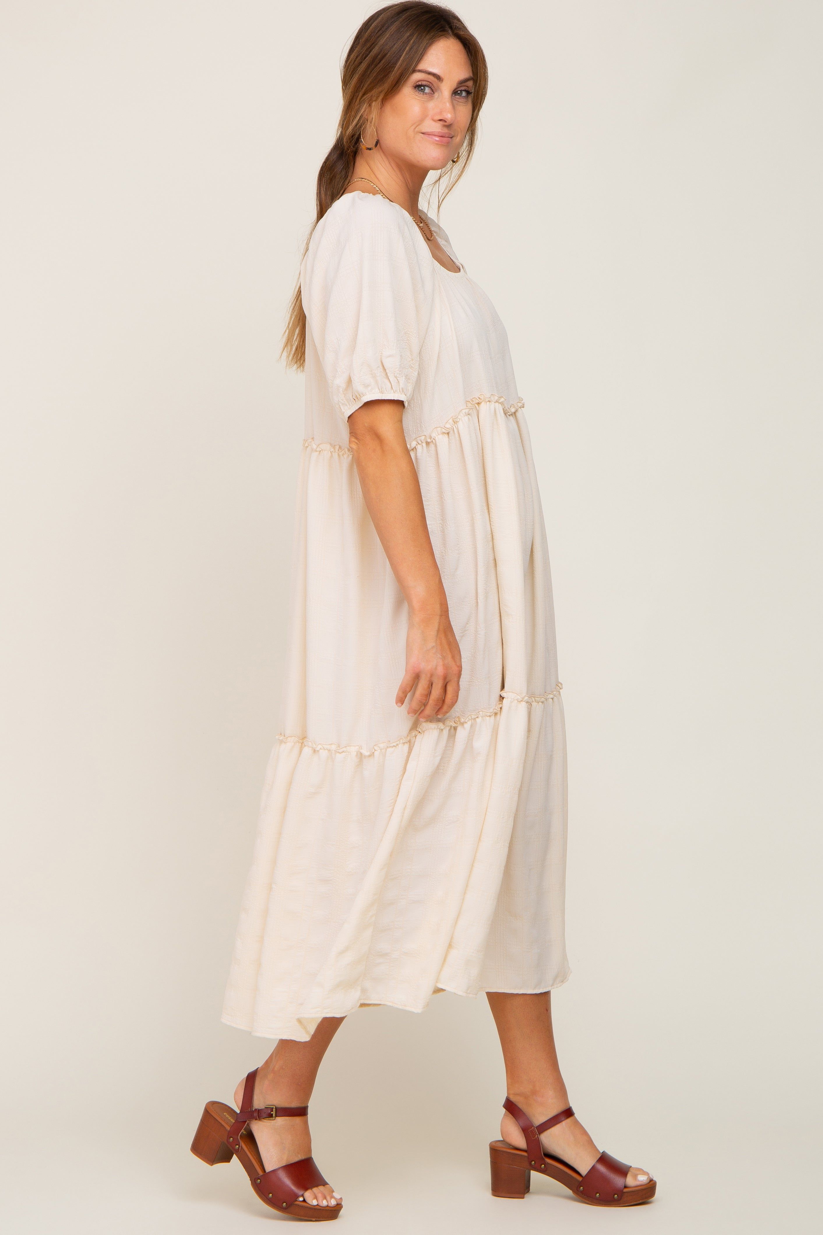 Cream Off Shoulder Short Sleeve Ruffle Tiered Midi Dress sold by Pinkblush product image thumbnail 2