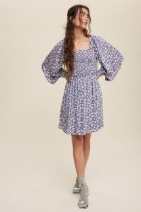 Denim Flower Print Smocked Square Neck Long Sleeve Dress sold by Pinkblush