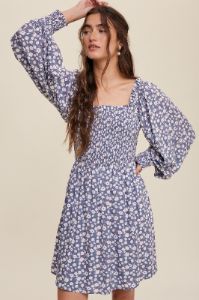 Denim Flower Print Smocked Square Neck Long Sleeve Dress sold by Pinkblush