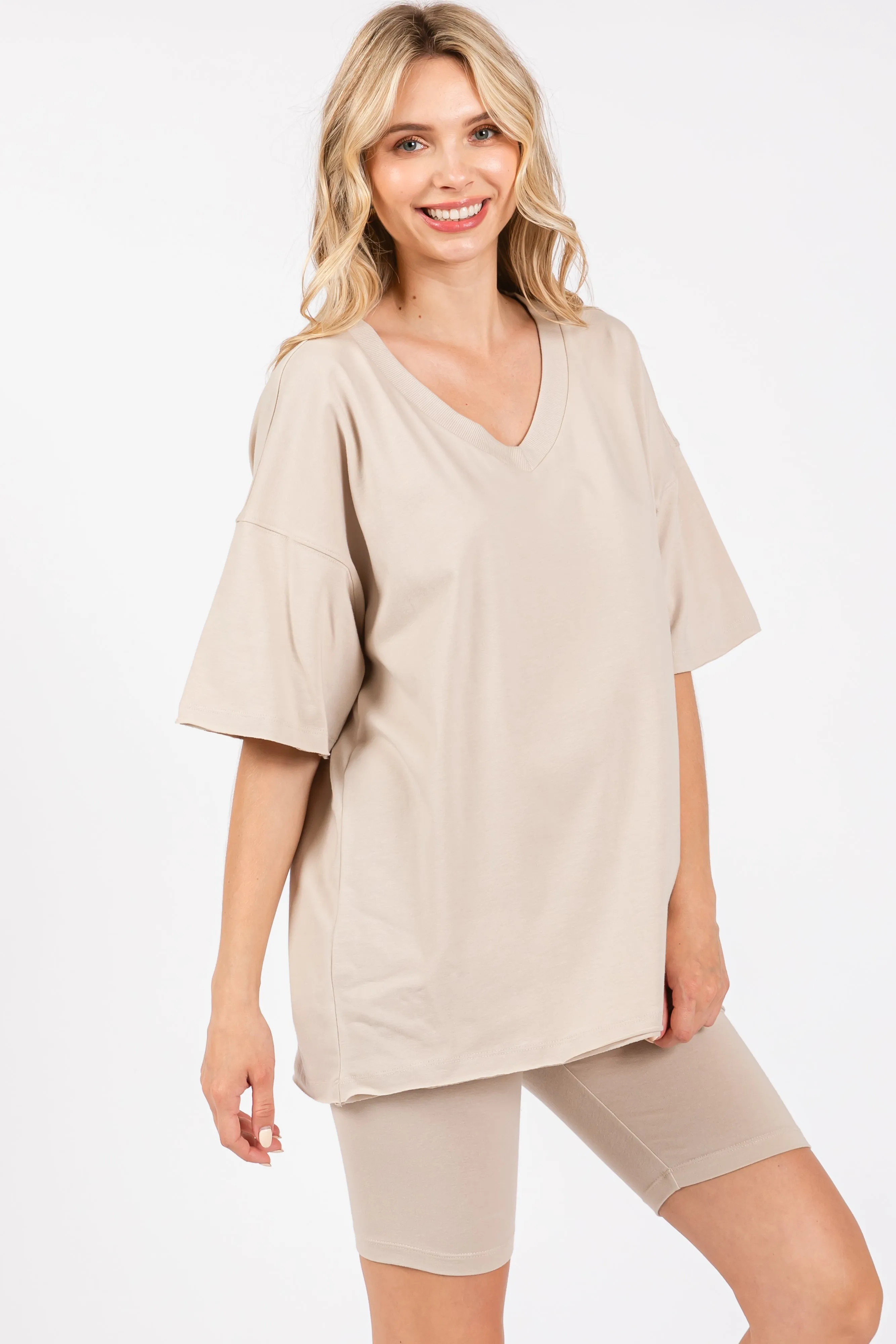 Beige Oversized V-Neck Biker Short Set sold by Pinkblush product image thumbnail 3