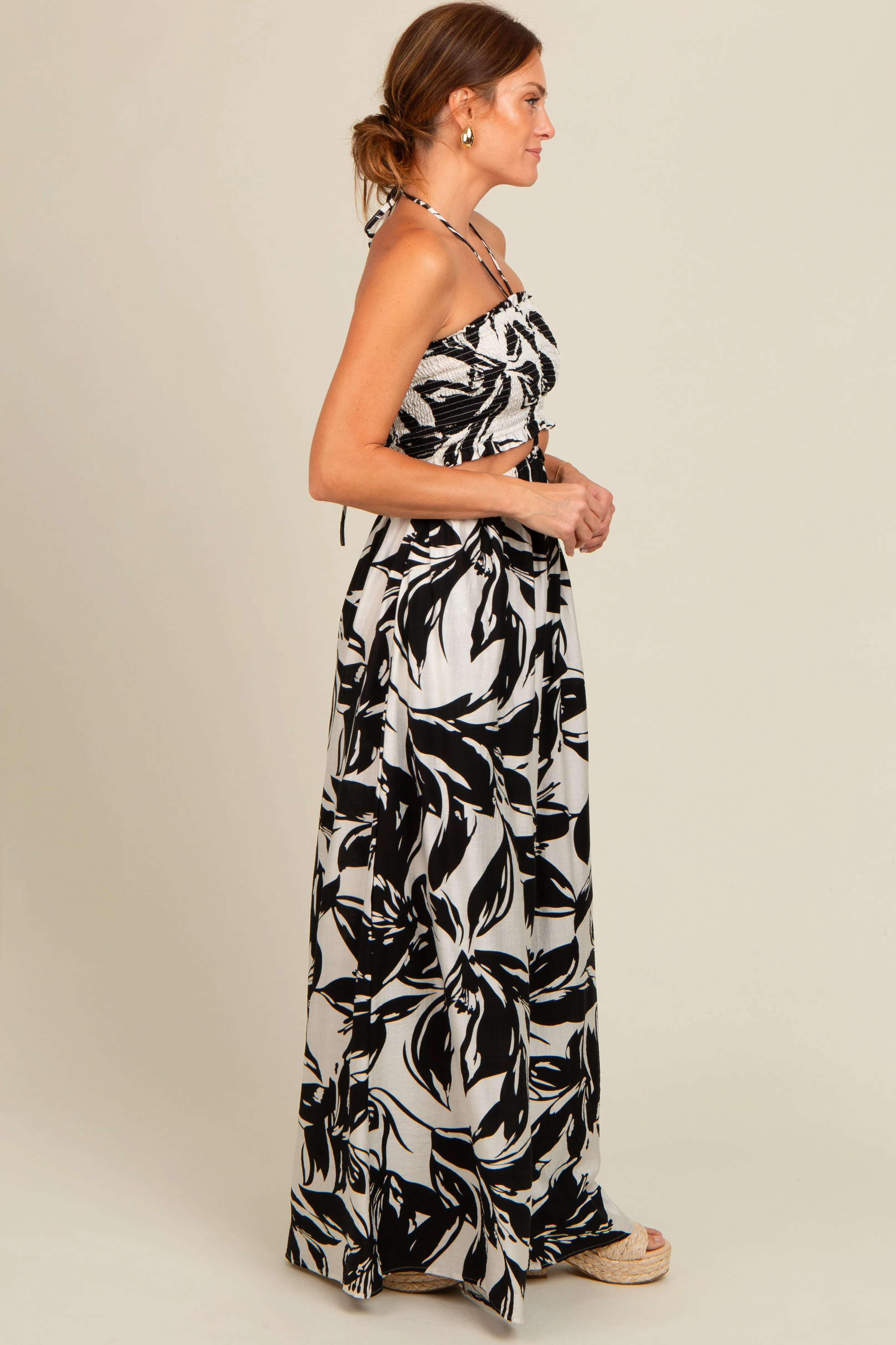 Black Tropical Print Cutout Smocked Jumpsuit sold by Pinkblush product image thumbnail 3